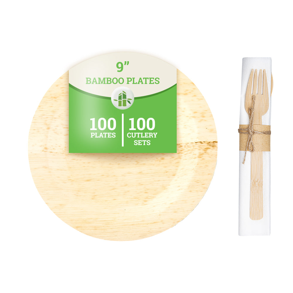 100% Natural Bamboo Plates & Disposable Flatware Set - 100 Round Plates + 100 Utensils | Eco-Friendly Biodegradable Dinnerware for Parties, Picnics & Sustainable Living