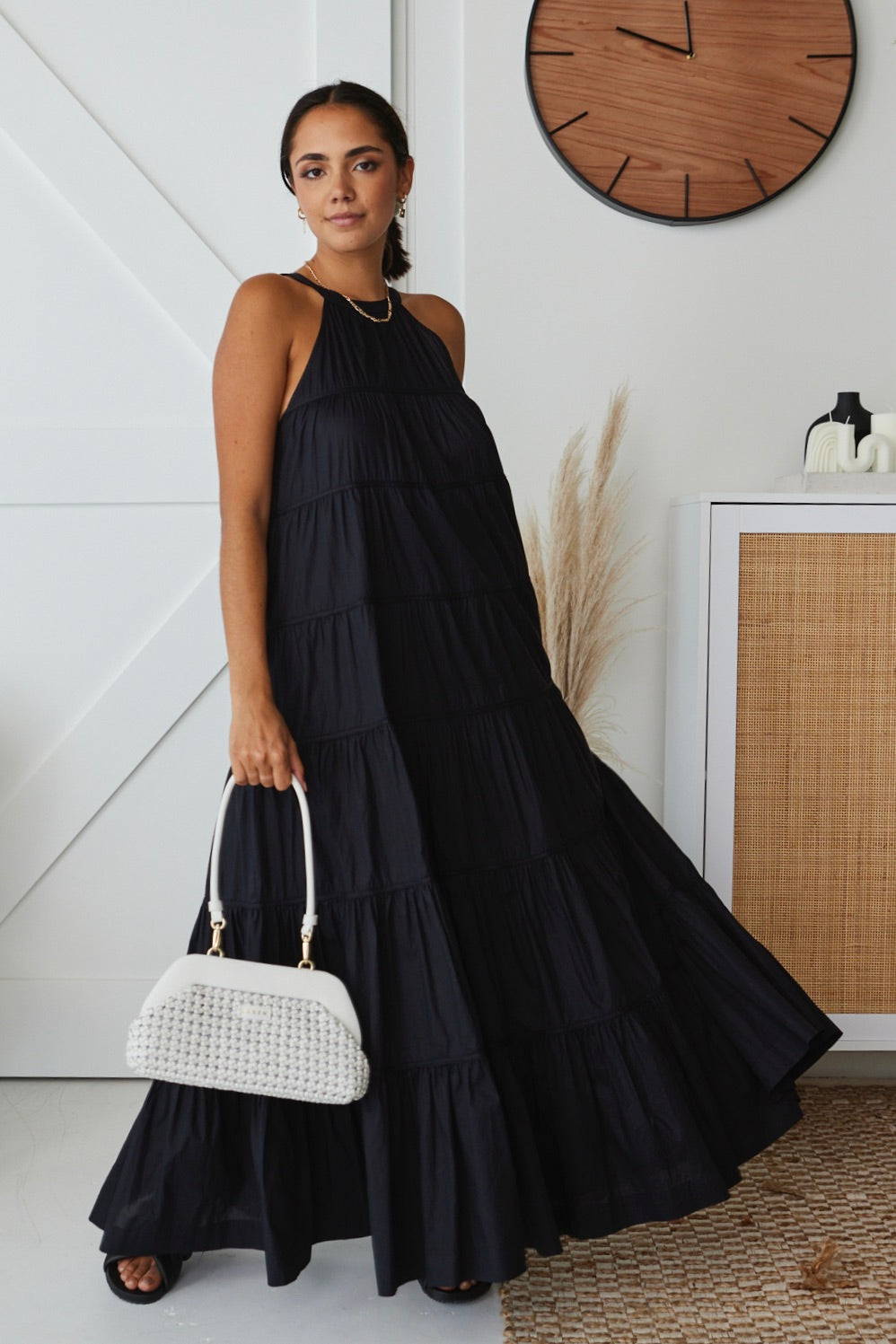 Kaye Black Cotton Sleeveless High Neck Tiered Maxi Dress for Women - Elegant Summer Beach Wedding Party Dress