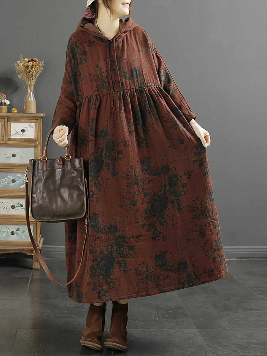 Plus Size Women's Retro Floral Print Shirred Loose Fit Hooded Dress - Casual Summer Outfit for Beach, Vacation & Street Style