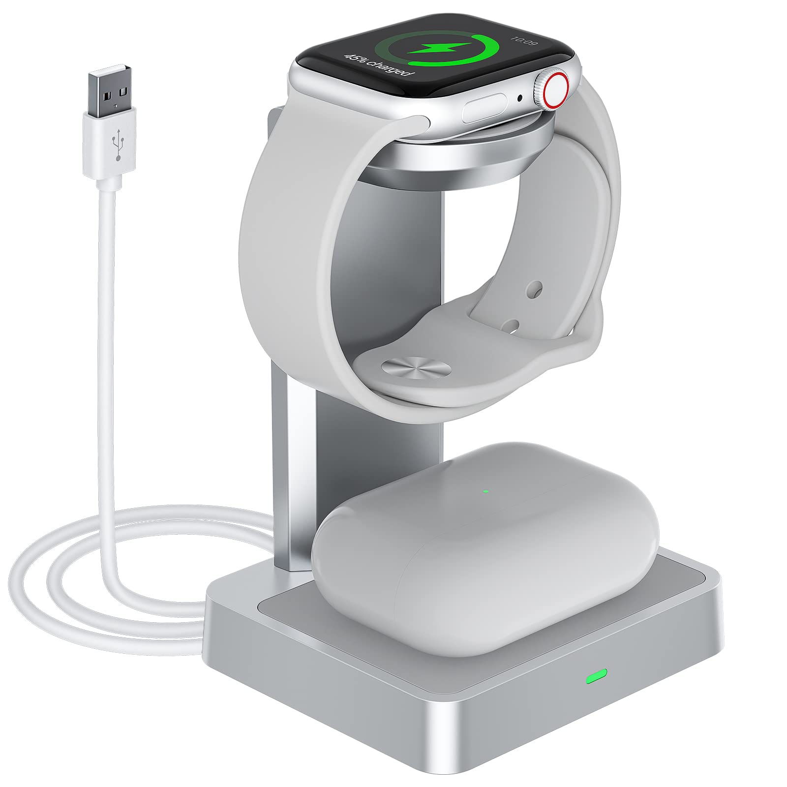 NEWDERY 2 in 1 Wireless Charging Station - Fast Charging Stand for Apple Watch Series 8/7/SE/6/5/4/3/2/1 & AirPods Pro 3/2 - 5W Qi-Certified Dock (Silver) | Perfect for Bedside, Office & Travel Use