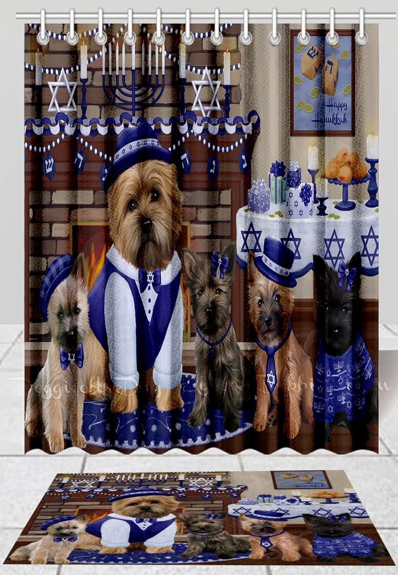 Happy Hanukkah Family Cairn Terrier Dogs Bath Mat & Shower Curtain Set - Non-Slip Bathroom Decor, Plush Rug & Polyester Curtain with Hooks (Mat 20