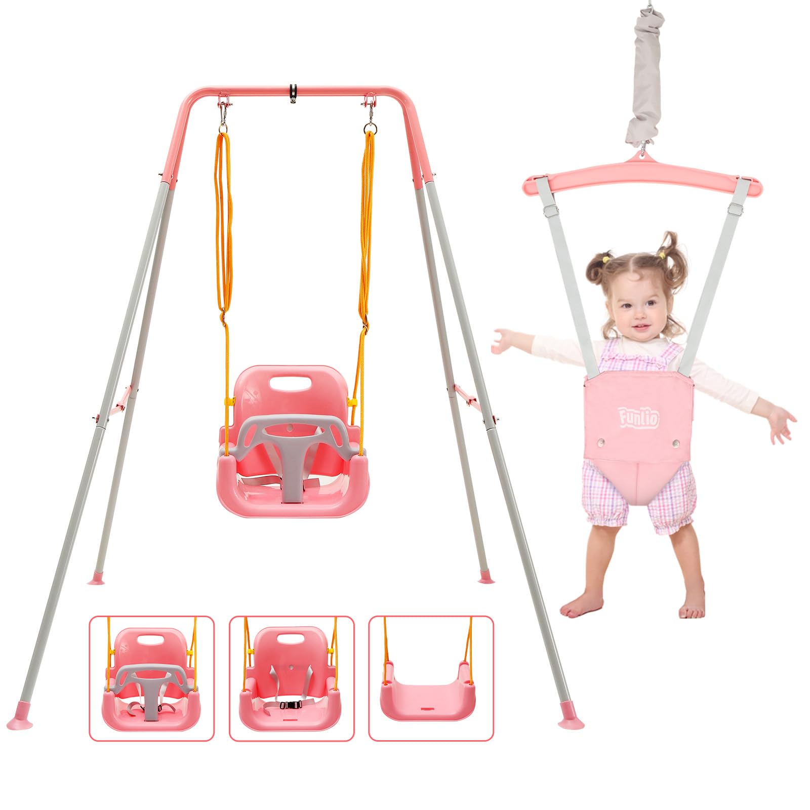 **FUNLIO 2-in-1 Baby Swing and Jumper for Toddlers - Heavy Duty Kids Swing Set with 4 Sandbags, Foldable Metal Stand - Indoor & Outdoor Play - Easy Assembly & Storage - Pink - Perfect for Backyards, Playrooms, and Daycares**