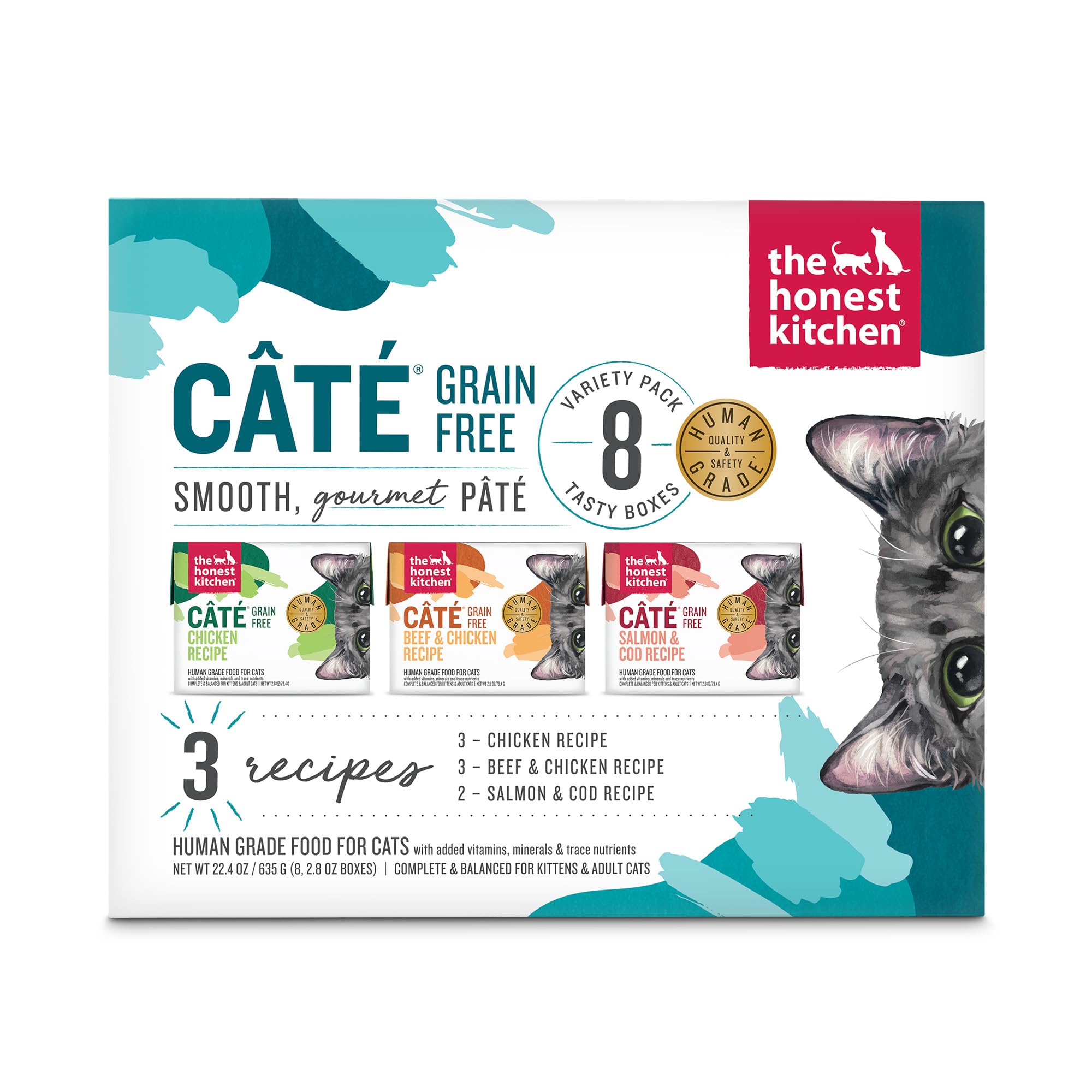 The Honest Kitchen Grain Free Wet Cat Food Pâté Variety Pack - 8 Pack of 2.8 oz Cans | Natural, Human-Grade Ingredients | Perfect for Picky Eaters & Sensitive Stomachs | Indoor & Outdoor Cats