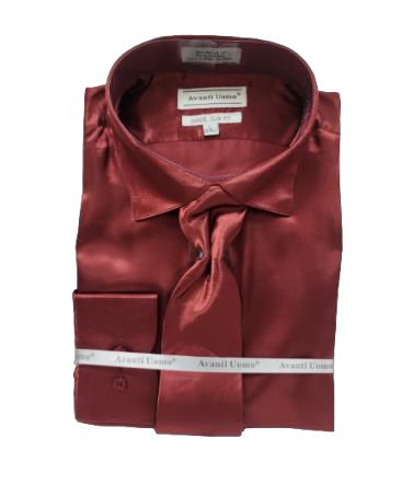 AVANTI UOMO Men's Slim Fit Satin Dress Shirt with Tie - Burgundy Red Formal Wear for Business, Wedding & Special Occasions