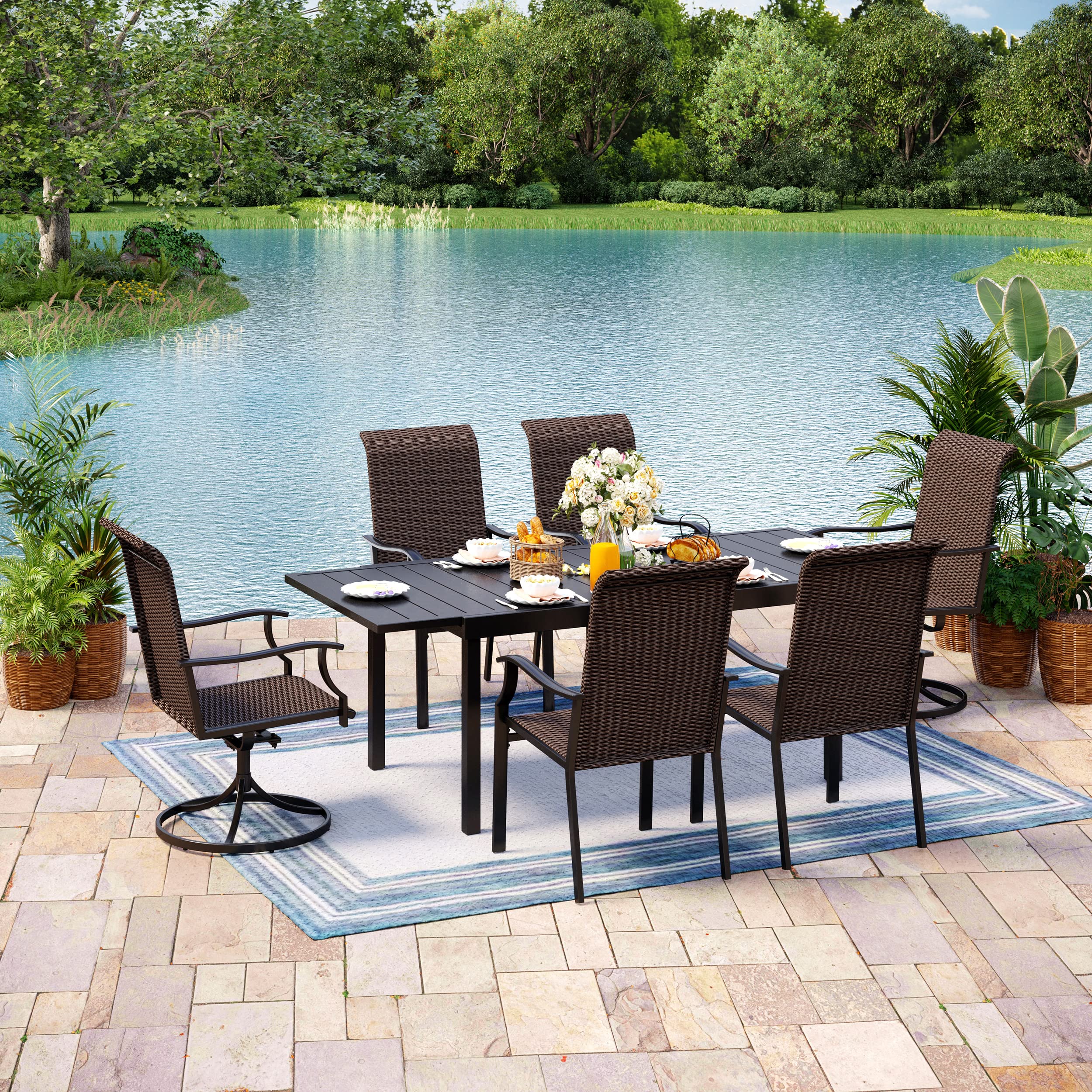 MIXPATIO 7-Piece Outdoor Patio Dining Set - Expandable Metal Table & 6 Rattan Chairs (2 Swivel) - Perfect for Garden, Backyard, Poolside & Outdoor Entertaining