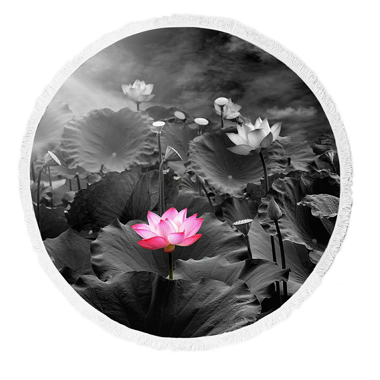 Custom Floral Beach Towel with Lotus Design - Large Soft Tasseled Beach Blanket for Yoga, Picnic & Outdoor Activities | Quick-Dry Sandproof Towel for Pool, Vacation & Summer Fun