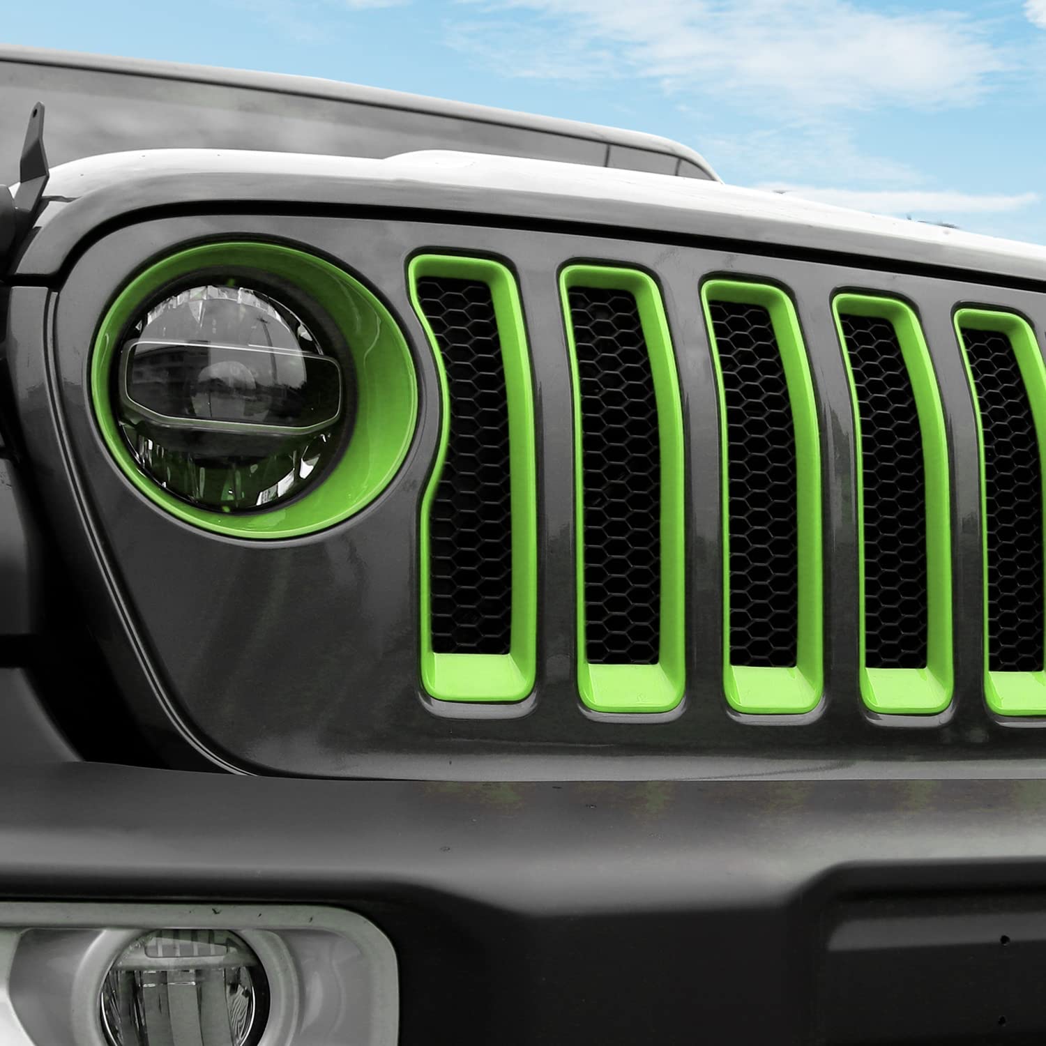CheroCar Jeep Wrangler JL 2018-2022 Mesh Grille Insert & Headlight Turn Signal Cover Trim - Light Green Exterior Accessories for Off-Road & Daily Driving