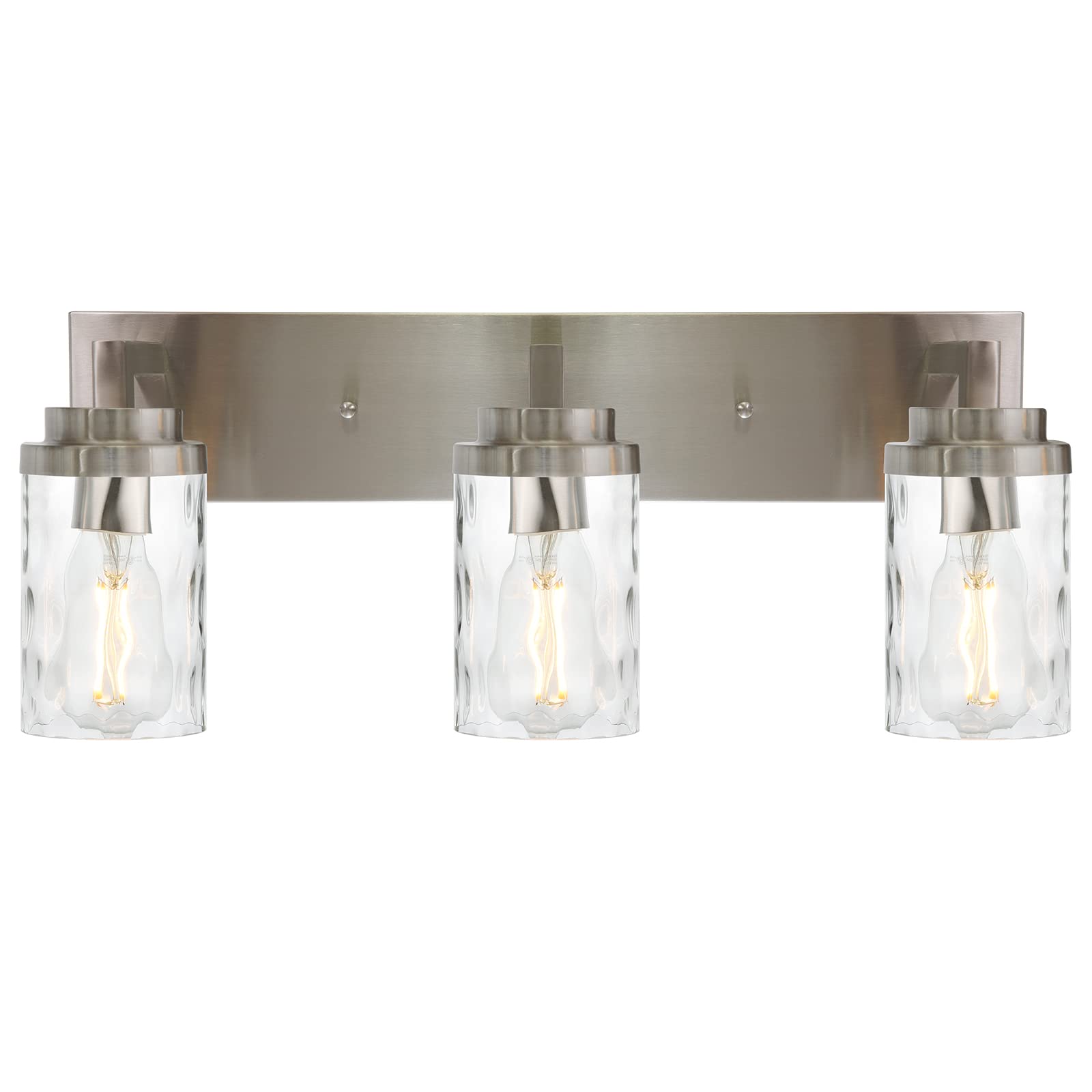 MELUCEE Brushed Nickel Vanity Light - 3-Light Modern Bathroom Lighting Fixture with Hammered Glass Shade, Contemporary Up/Down Wall Sconce for Mirror Illumination | Perfect for Bathroom, Powder Room, and Dressing Area Makeup Lighting
