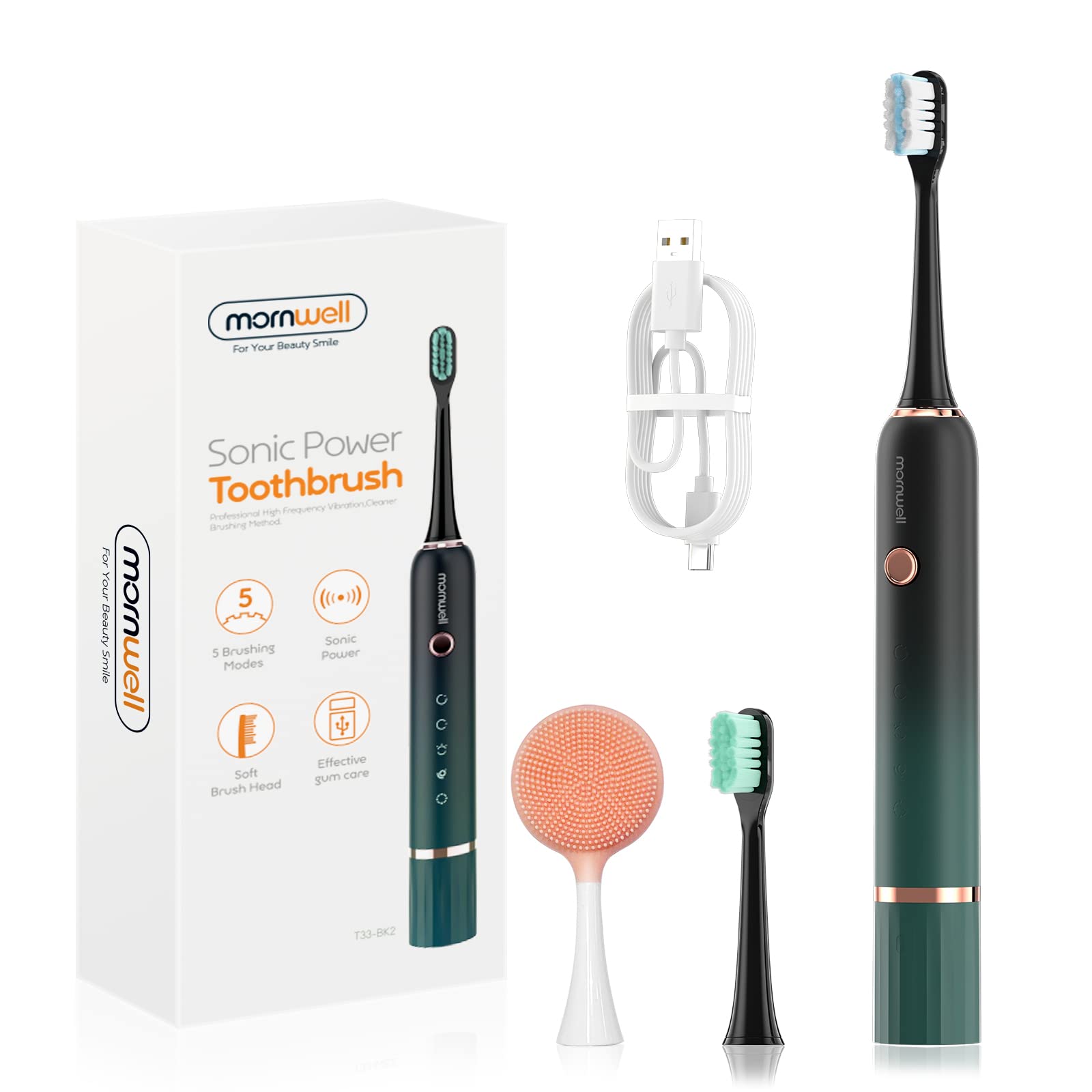 Mornwell Sonic Electric Toothbrush with 5 Cleaning Modes & Smart Timer - USB Rechargeable, 90-Day Battery Life - Teeth Whitening for Adults & Kids - Perfect for Travel, Home & Office Use