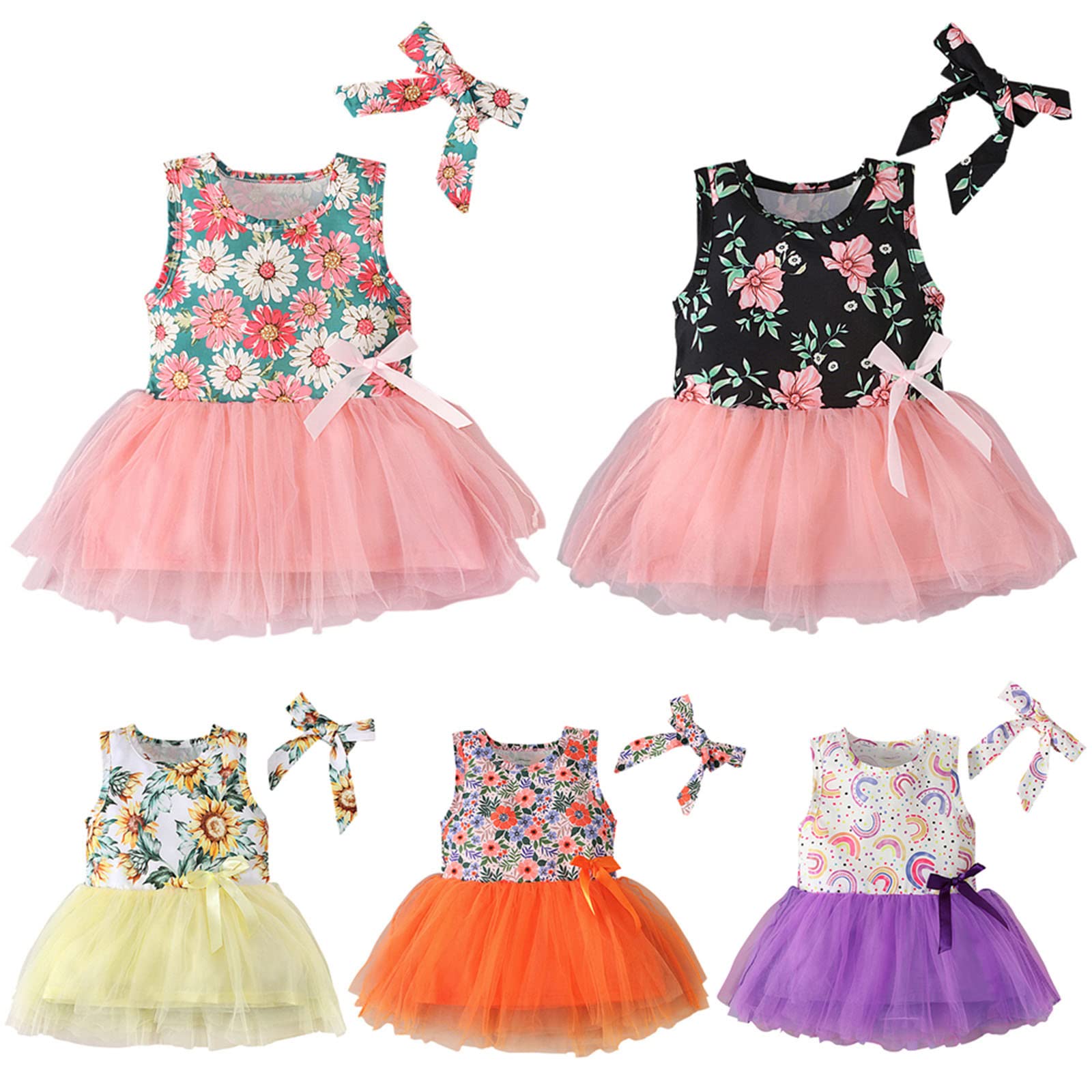 Baby Girls Sleeveless Floral Tutu Dress with Bow & Headband - 2 Piece Outfit Set for 12 Months to 4 Years - Perfect for Birthday Parties, Photo Shoots & Special Occasions