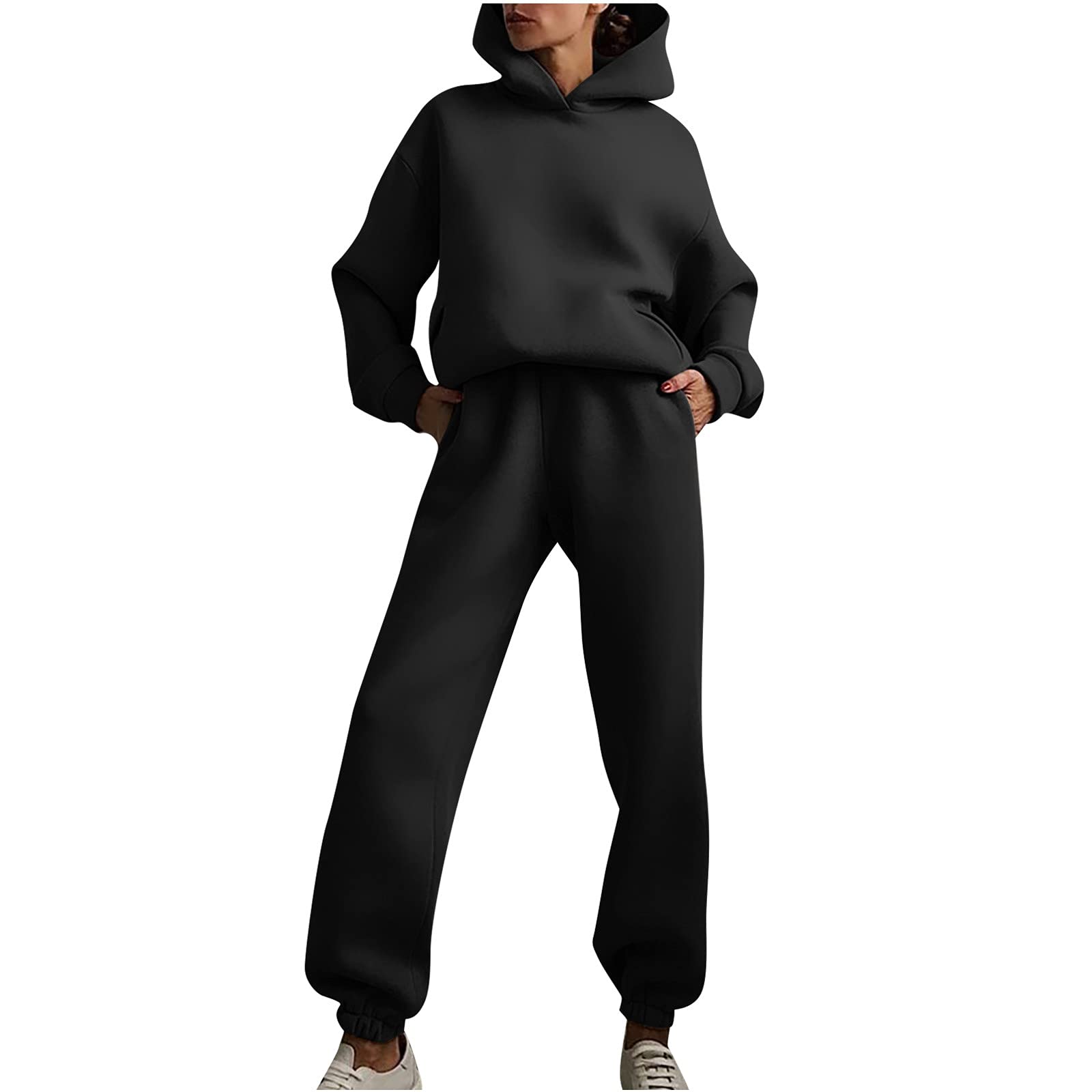 DII Women's Solid Color 2-Piece Hoodie Sweatsuit Set - Long Sleeve Crewneck Top & Jogger Pants Tracksuit for Casual Wear, Lounge, Gym & Outdoor Activities