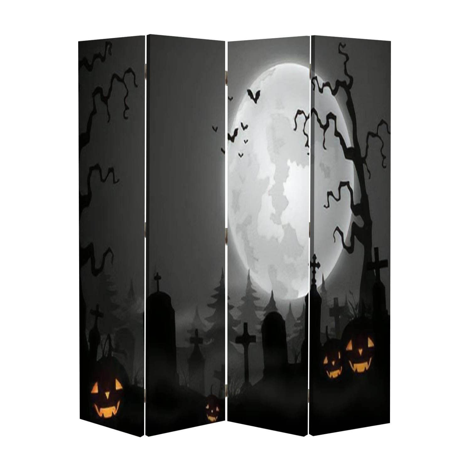 4 Panel Canvas Room Divider - Spooky Halloween Graveyard with Full Moon Design - Privacy Partition Screen for Home, Office & Bathroom - Perfect for Seasonal Decor, Space Division and Indoor Privacy