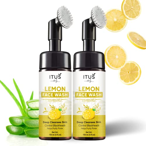 ITUS Lemon Foaming Face Wash with Built-in Brush - Deep Cleansing for Bright & Clear Skin - 150ml (Pack of 2) - Perfect for Daily Skincare Routine for Women & Men
