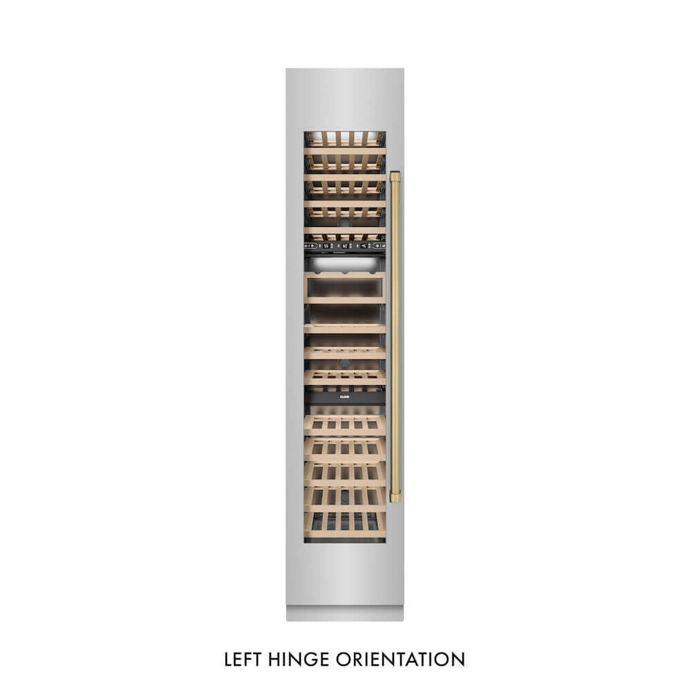 ZLINE Autograph Edition 18-Inch 9.0 cu. ft. Triple Zone 68 Bottle Left Hinge Stainless Steel Column Wine Cooler with Champagne Bronze Accents (RCWVLZ 30418 CB) - Perfect for Wine Cellars, Home Bars, and Entertaining Spaces