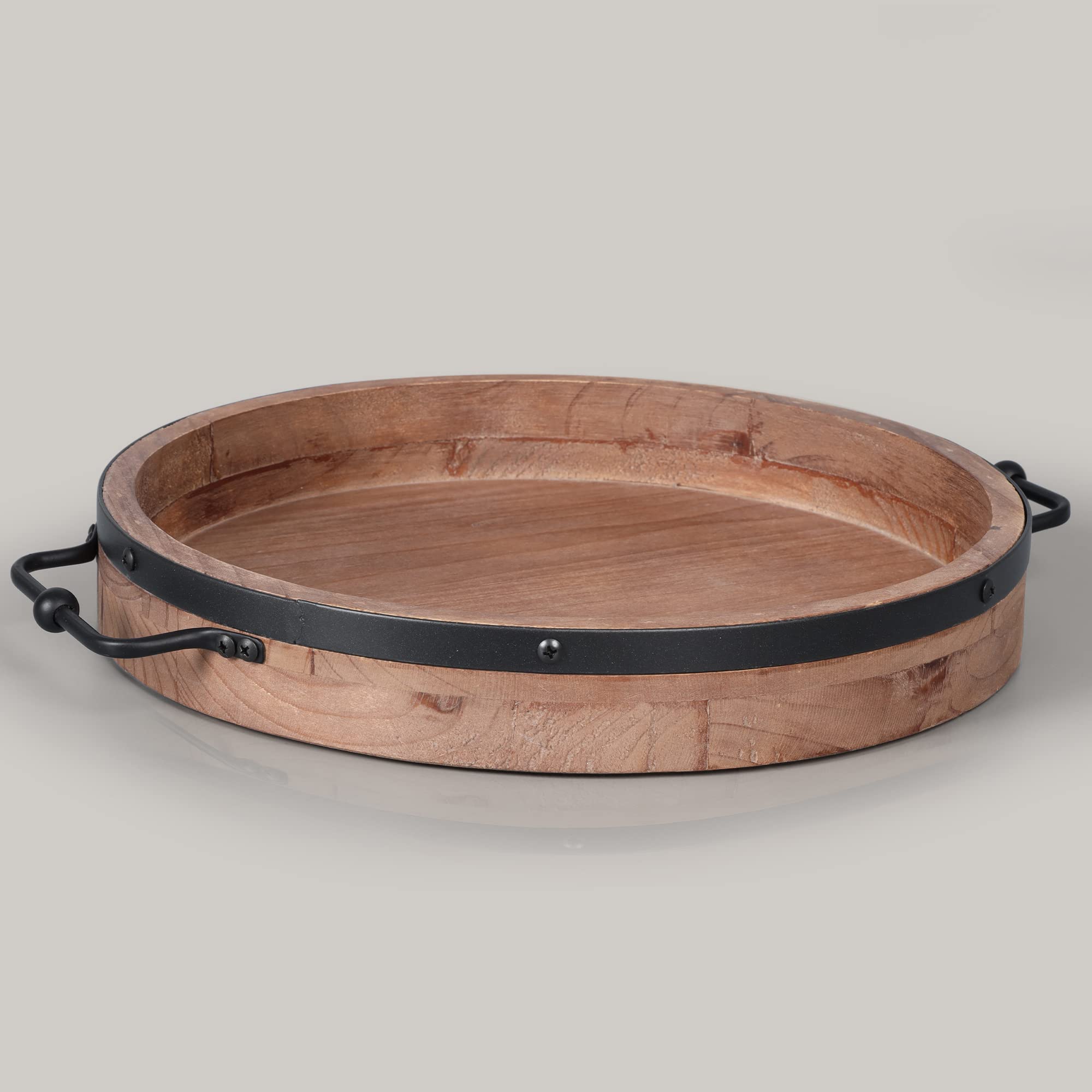 Farmhouse Round Wooden Coffee Table Tray with Metal Handles - 13
