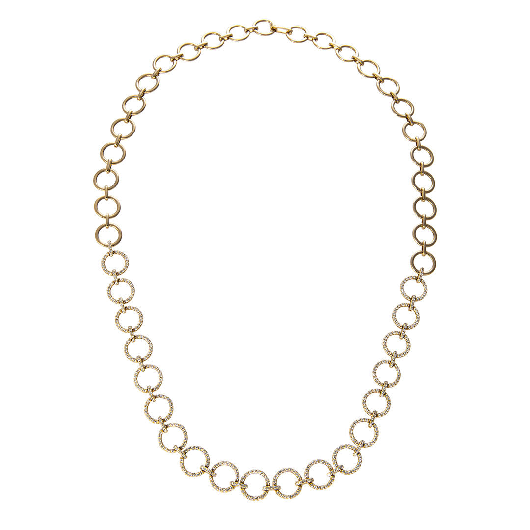 14K Yellow Gold Diamond Pavé Circle Link Necklace for Women - Elegant Layered Chain Jewelry for Parties, Weddings & Everyday Wear