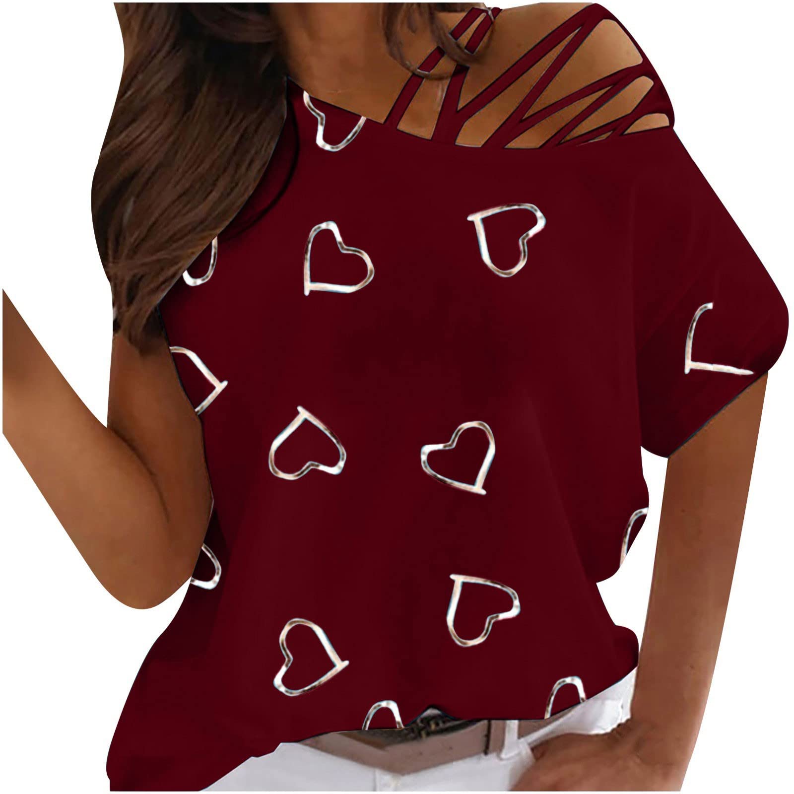 Women's Plus Size Spring & Summer Tops - Floral Hollow Out Short Sleeve Blouse with Heart Print | Casual T-Shirt for Daily Wear, Date Night & Office Outfits