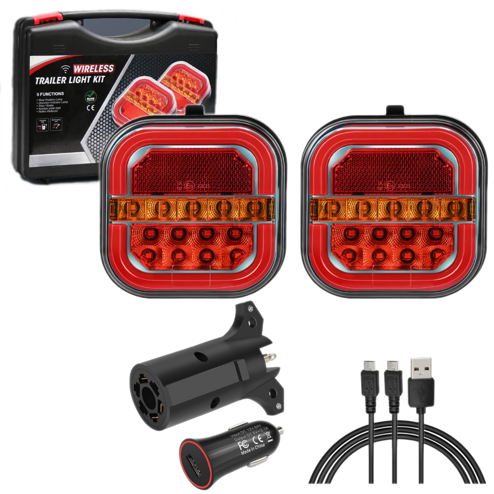 Rechargeable Wireless LED Trailer Lights Kit - Magnetic & Screw Mount, Waterproof for Tow Trucks, Boats, RVs, Campers & Jet Skis (4-Way Connector) | Perfect for Night Towing, Marine Use & Off-Road Adventures