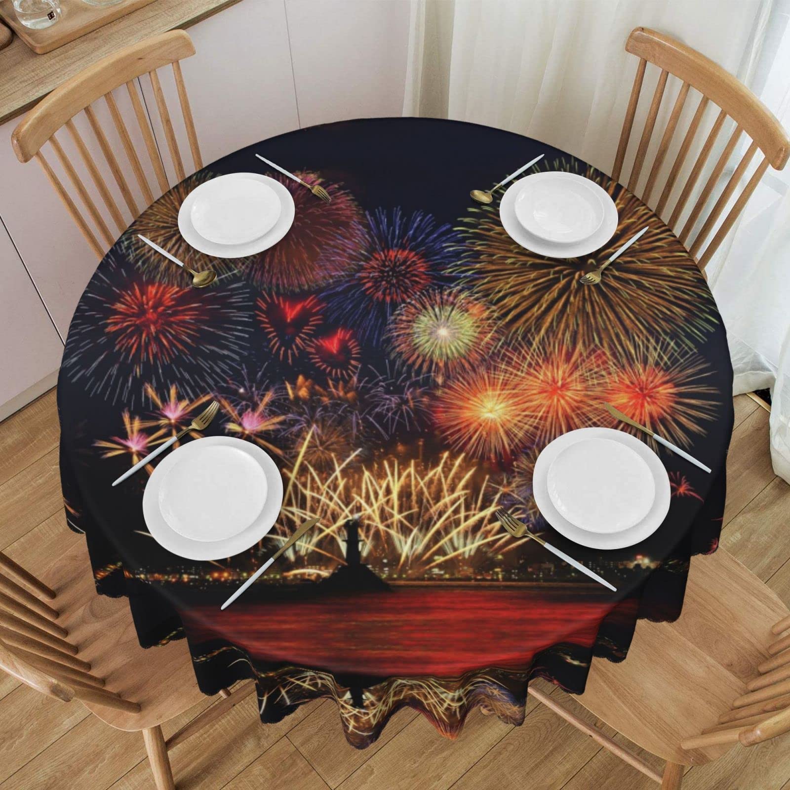 RedNappe Fireworks Print Tablecloth - Stain & Wrinkle Resistant Washable Polyester Table Cover for Kitchen, Dining Table, Outdoor Picnics & Parties (60 Inch Round, Waterproof)