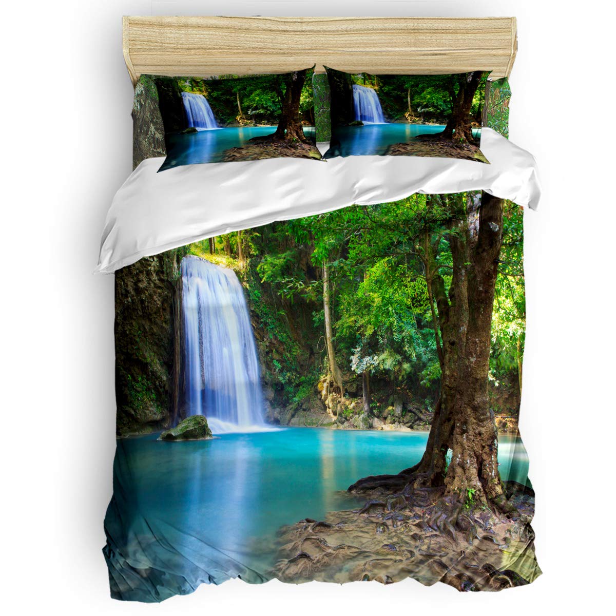 PartyShow 4-Piece Queen Bedding Set - Rainforest Waterfall Jungle Lakes Design Comforter Cover & Sheet with 2 Pillowcases for Kids' Bedroom | Soft & Cozy Bed Set for Boys, Girls, Teens & Guest Rooms
