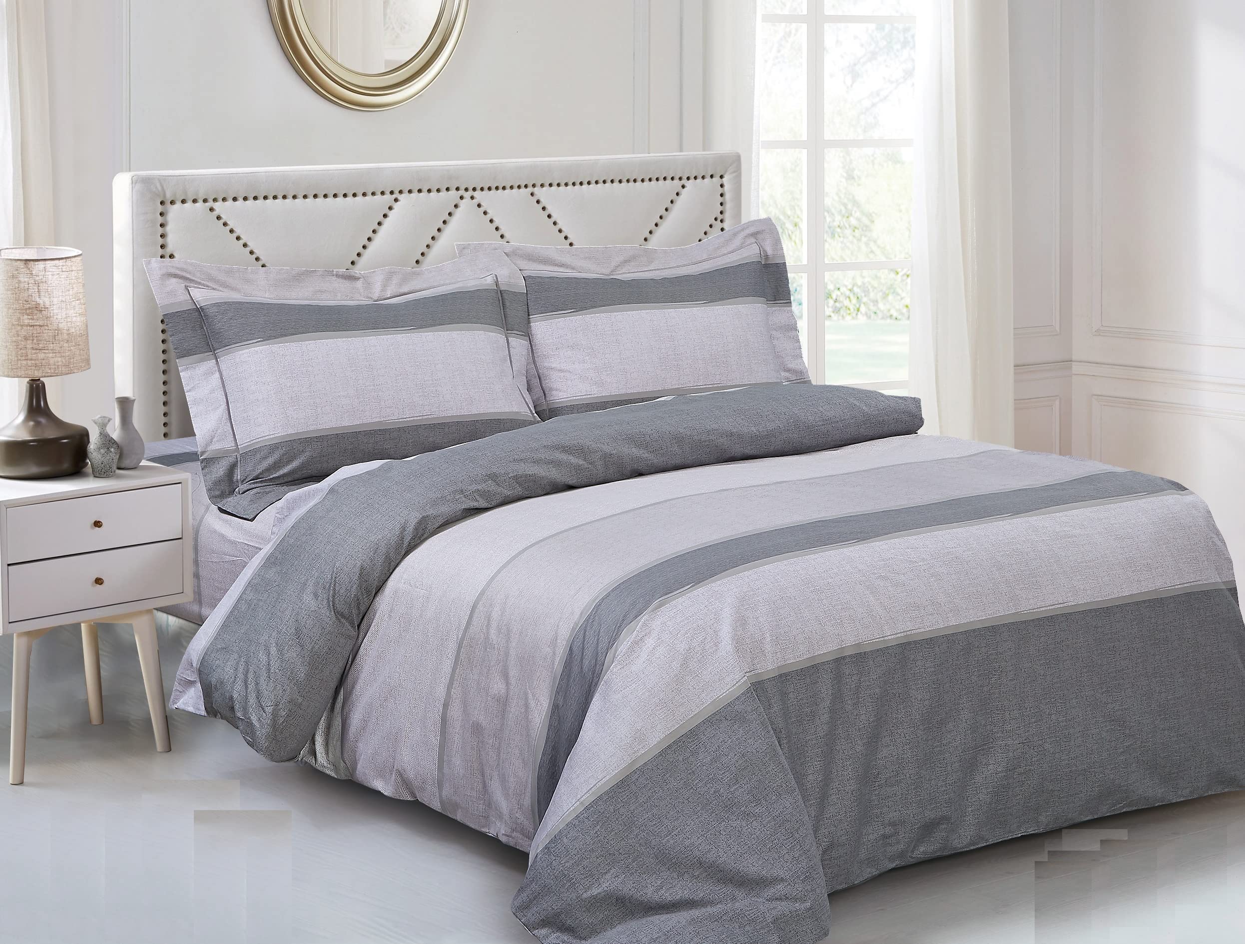 Luxury Ultra Soft 200 Thread Count Cotton Duvet Cover Set - Violet Linen French Beige Grey Stripe Pattern, Twin 39-inch, 6 Piece Bedding for Two Beds | Perfect for Guest Rooms, Vacation Homes & Cozy Bedroom Decor