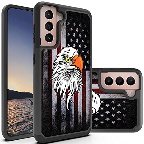 Samsung Galaxy S21 5G Case (6.2 inch 2021 Model) - Dual Layer Hybrid Hard PC & Soft TPU Shockproof Protective Rugged Cover with American Flag Eagle Design | Perfect for Outdoor Activities, Travel & Daily Protection