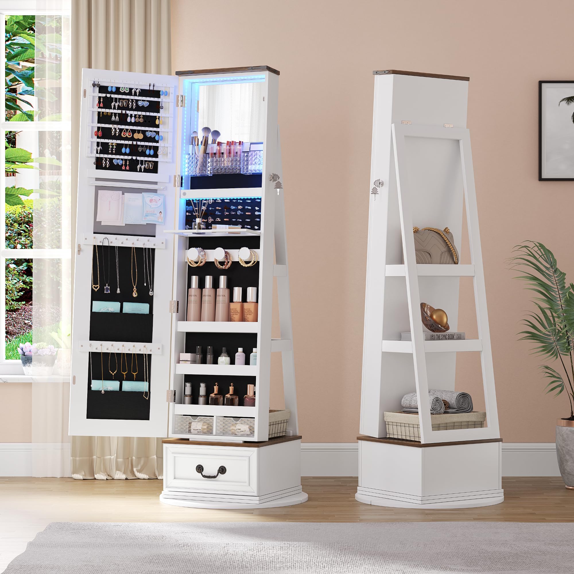 360° Swivel Jewelry Organizer with Full-Length Mirror & LED Lights - Jewelry Armoire Cabinet with Drawers - Large Mirror Storage for Jewelry & Makeup - Perfect Gift for Women, Mom, Wife & Teen Girls (White) - Ideal for Bedroom, Dressing Room & Closet Organization