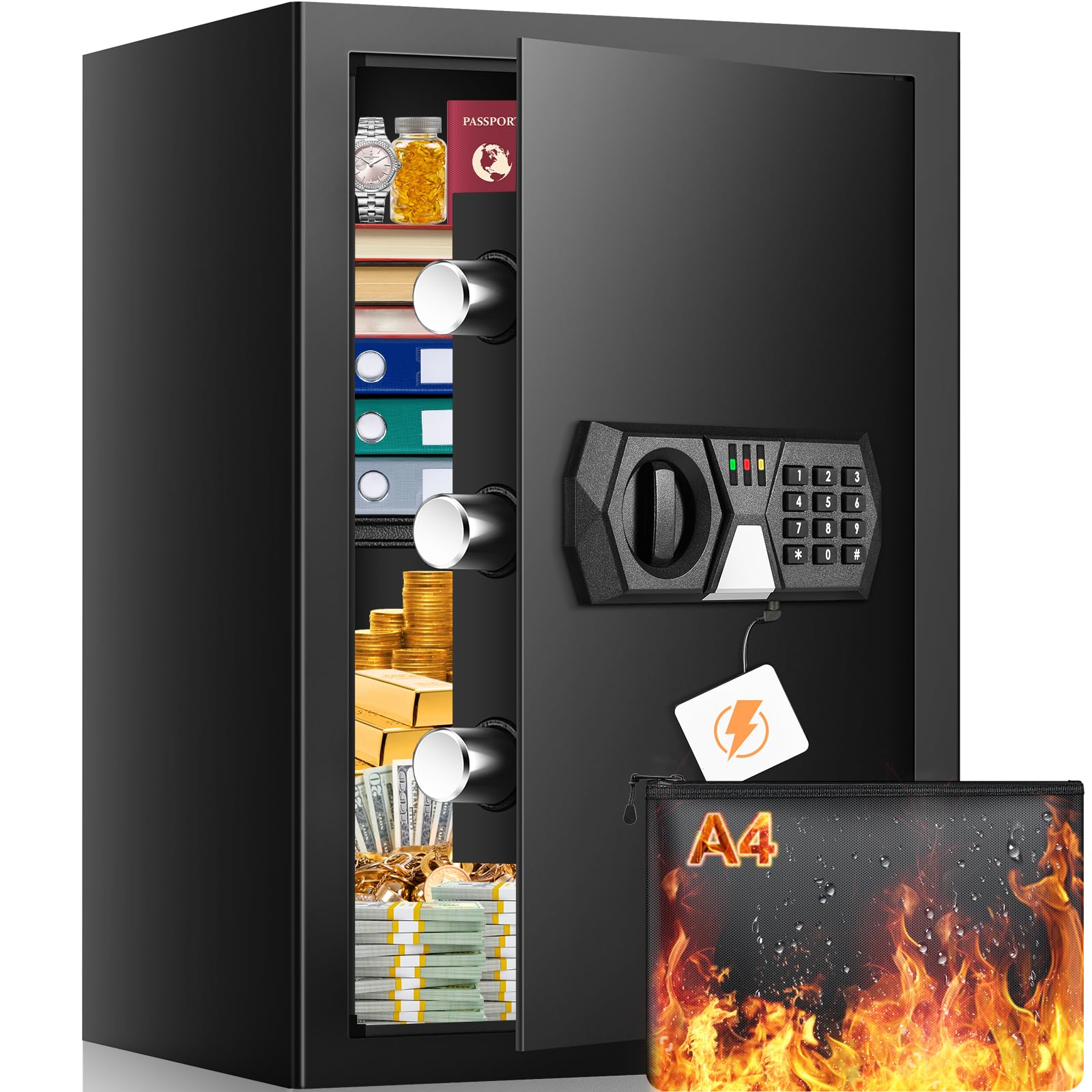 3.4 Cuft Fireproof and Waterproof Digital Safe Box for Home - Anti-Theft Security Safe with Electronic Keypad, Mute Mode & Alarm System - Ideal for Storing Jewelry, Cash, Documents, and Medicine (Home/Office/Bank Use)