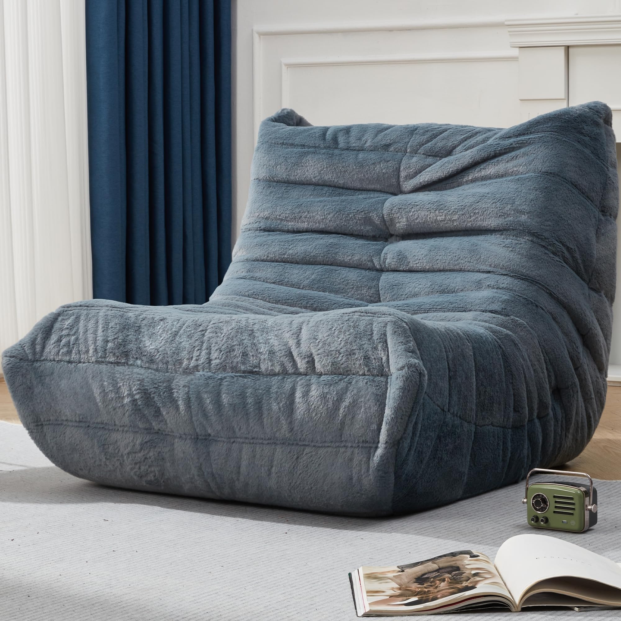 Hobestluk Giant Memory Foam Bean Bag Chair for Adults - Ultra Soft Faux Fur Lazy Sofa in Blue Grey Plush, Perfect for Living Room, Bedroom, Dorm & Office Relaxation