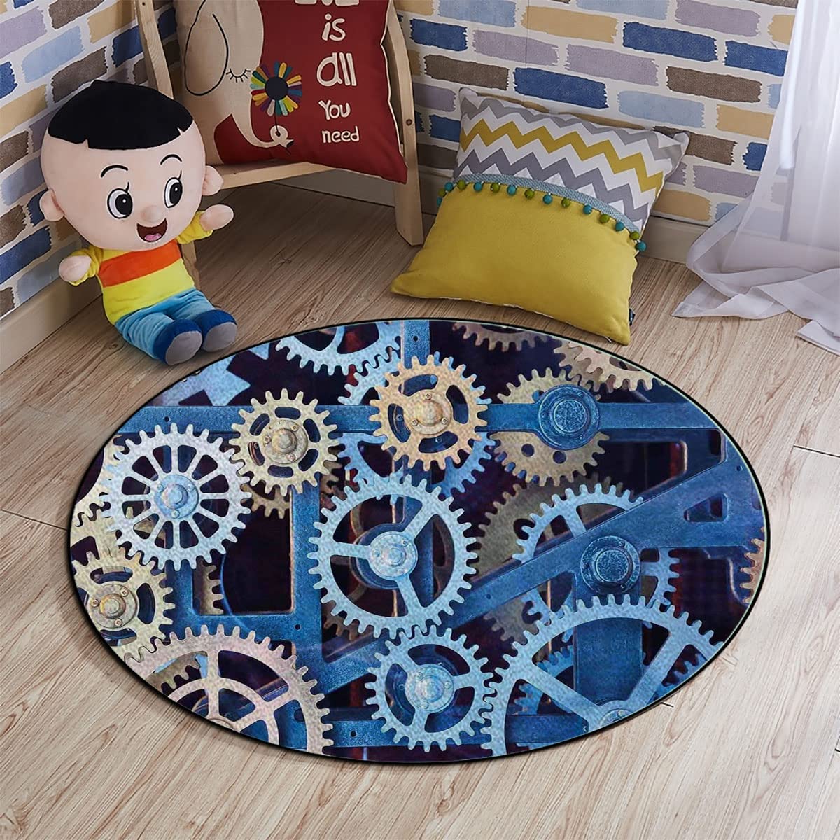 Premium Anti-Slip Gaming Chair Mat for Hardwood Floors - 48 Inch Diameter Rubber Floor Protector with Clock Gear Design (Brown/Blue) - Perfect for PC Gaming Setups, Home Offices & Streamer Stations