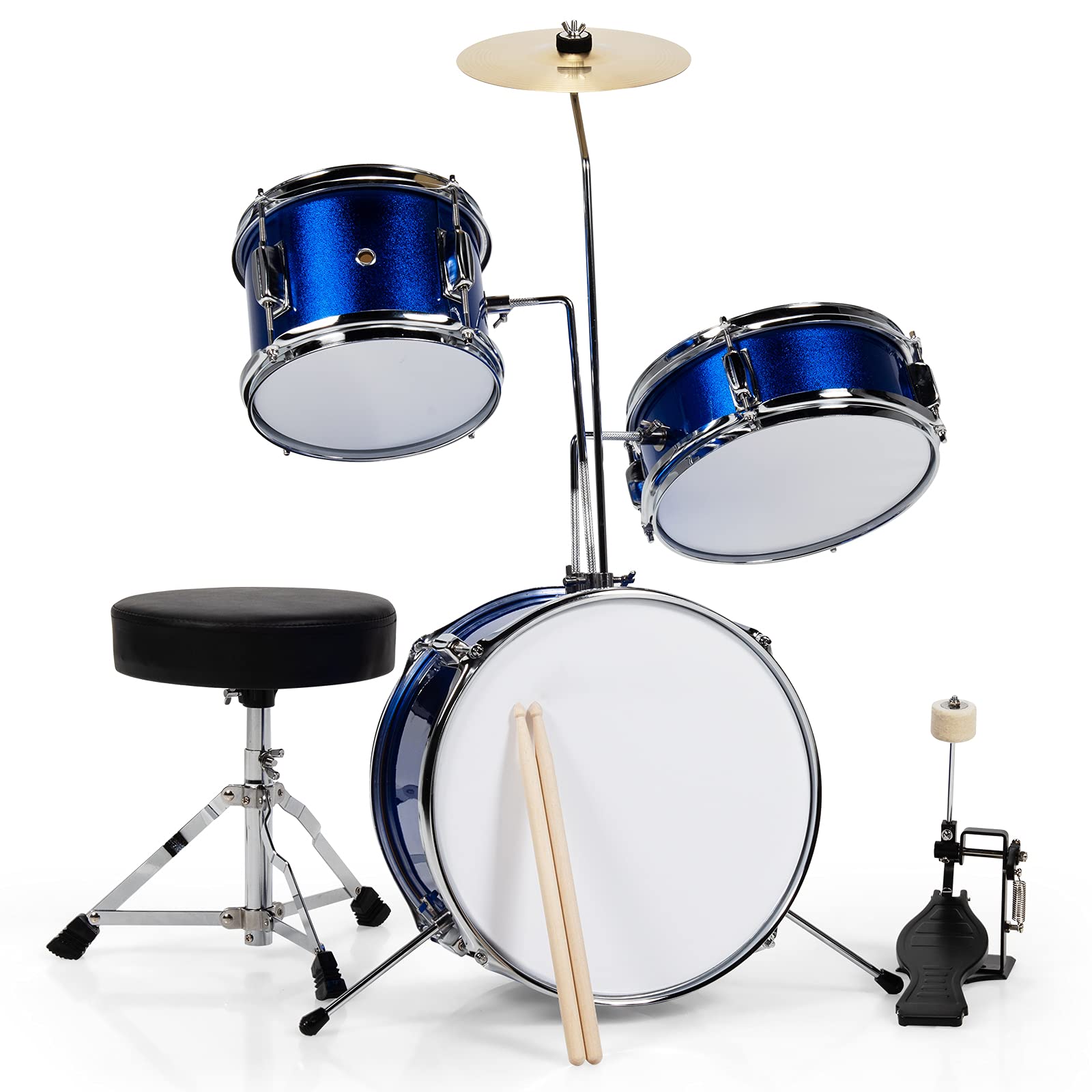 Costzon 3-Piece Kids Drum Set - 13 inch Junior Drum Kit with Bass, Snare & Tom Drums, Adjustable Throne, Cymbal, Pedal & Drumsticks | Perfect Beginner Drum Set for Ages 3-12 | Blue Musical Toy for Home Play, Birthday Gifts & Early Music Education