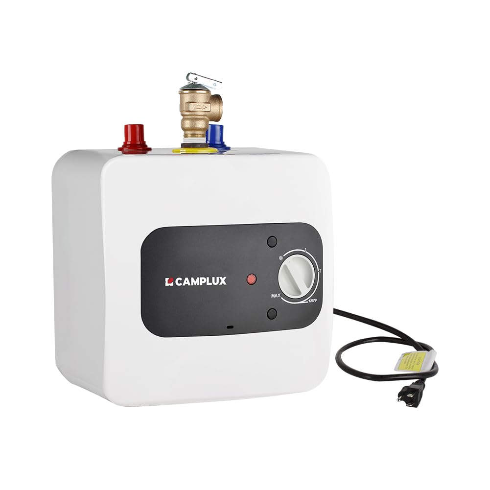 CAMPLUX 1.3 Gallon Mini Tank Electric Water Heater 120V - Under Sink Instant Hot Water Heater with Plug, 1.44kW - Perfect for Small Bathrooms, Kitchen Sinks & RV Use
