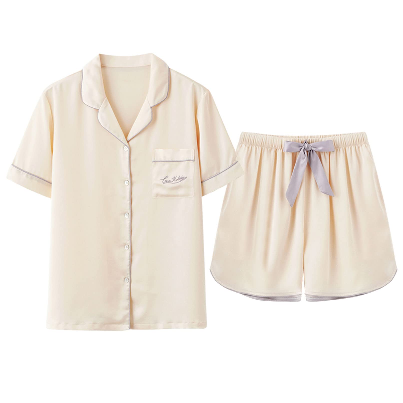 Women's Soft Satin Short Sleeve Pajama Set - Summer Loungewear with Button Down Nightgown, Comfortable Sleepwear for Lounge, Travel & Home Relaxation - Beige