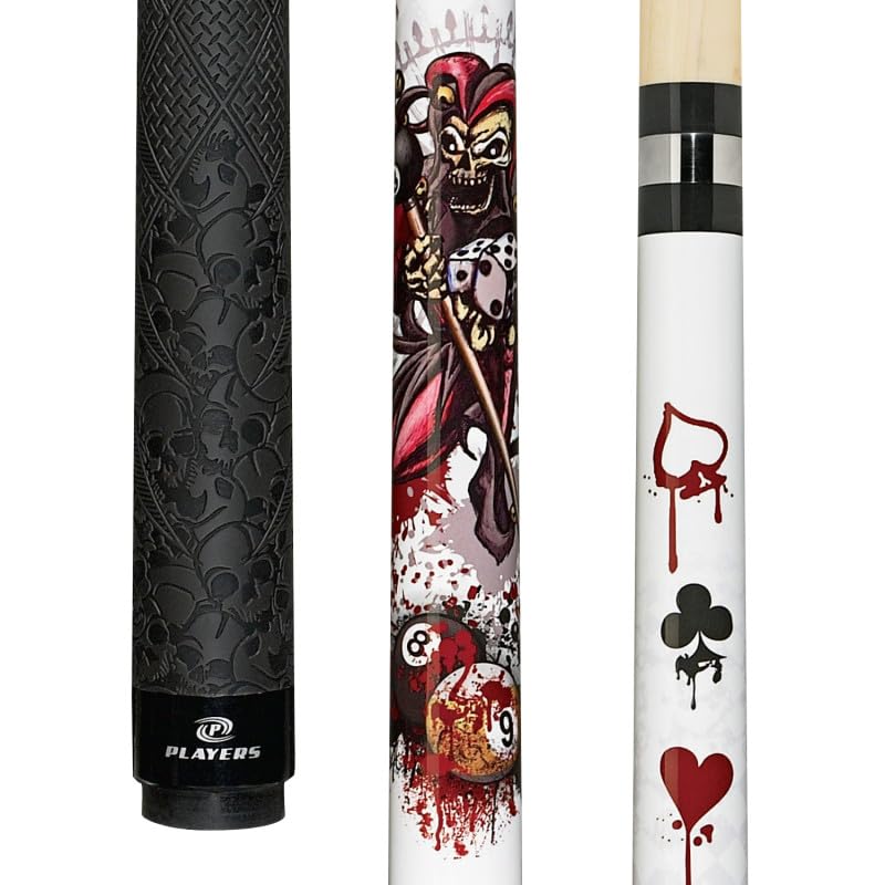 Players D-JS White Pool Cue with Jester Design on Pool Balls and Dripping Card Suits - Professional Billiards Stick for Pool Halls, Game Rooms & Home Recreation