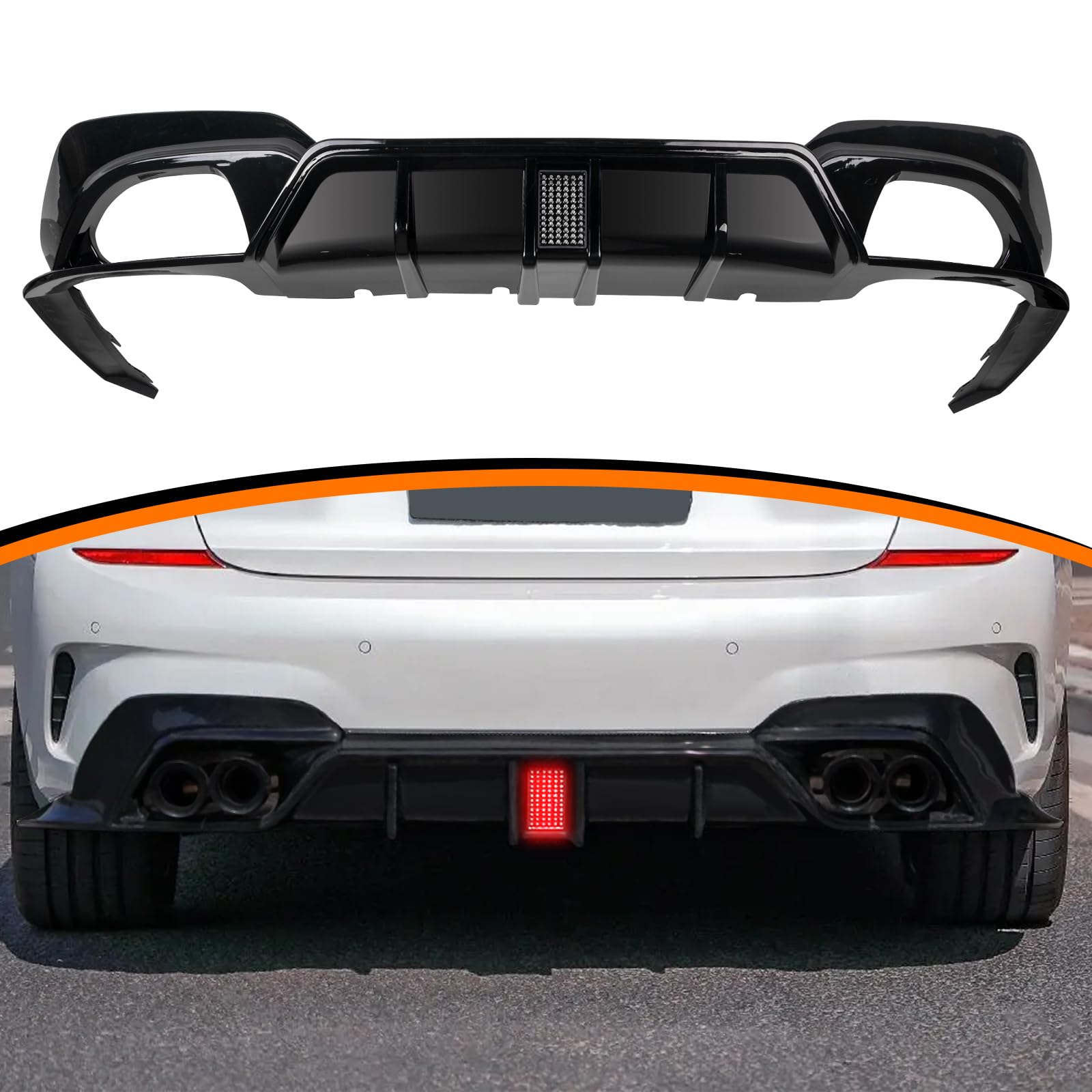 High-Performance Glossy Black Rear Bumper Diffuser for BMW 3 Series G20 M Sport (2019-2022) - Compatible with 330i, 330e & M340i xDrive Models - LED Light Enhancement - Perfect for Car Upgrades & Sporty Styling