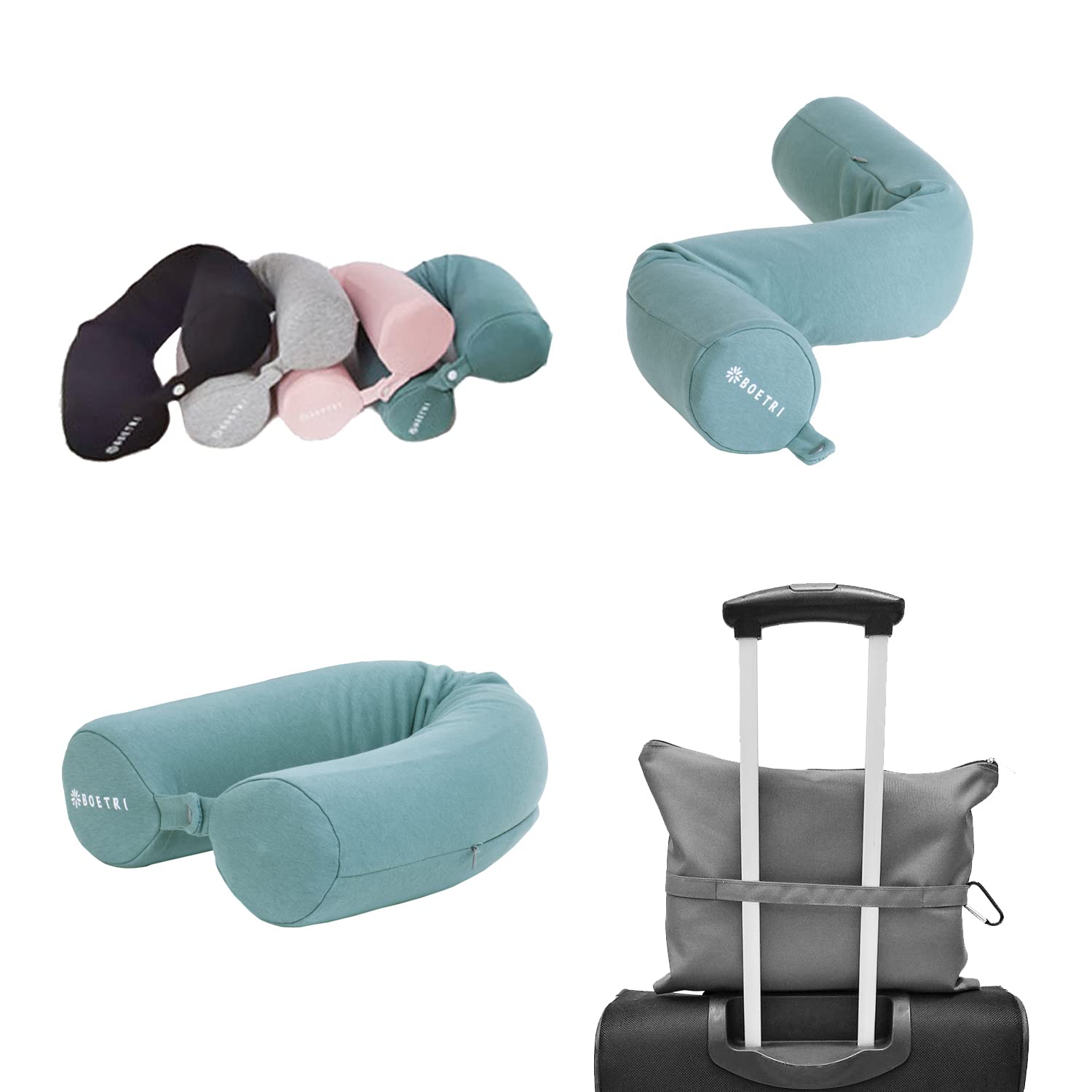 BOETRI Twist Memory Foam Travel Pillow with 100% Cotton Cover & Waterproof Travel Bag - Ergonomic Neck Support for Airplane, Car, Office & Home Use - Aqua Green Travel Essential
