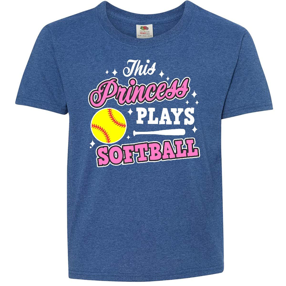 Inktastic Princess Plays Softball Graphic Tee - Softball Player Youth T-Shirt with Sparkles & Bat Design - Perfect for Sports Lovers & Team Spirit