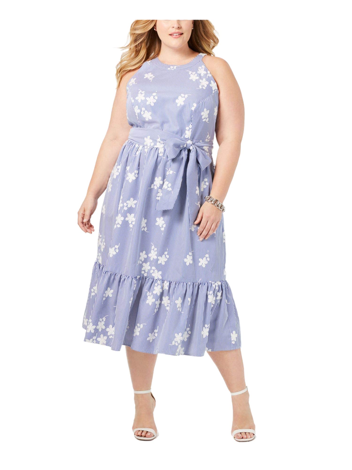 Jessica Howard Plus Size Women's Embroidered Gingham Halter Neck Dress - Floral Summer Sundress for Beach, Wedding & Casual Outings