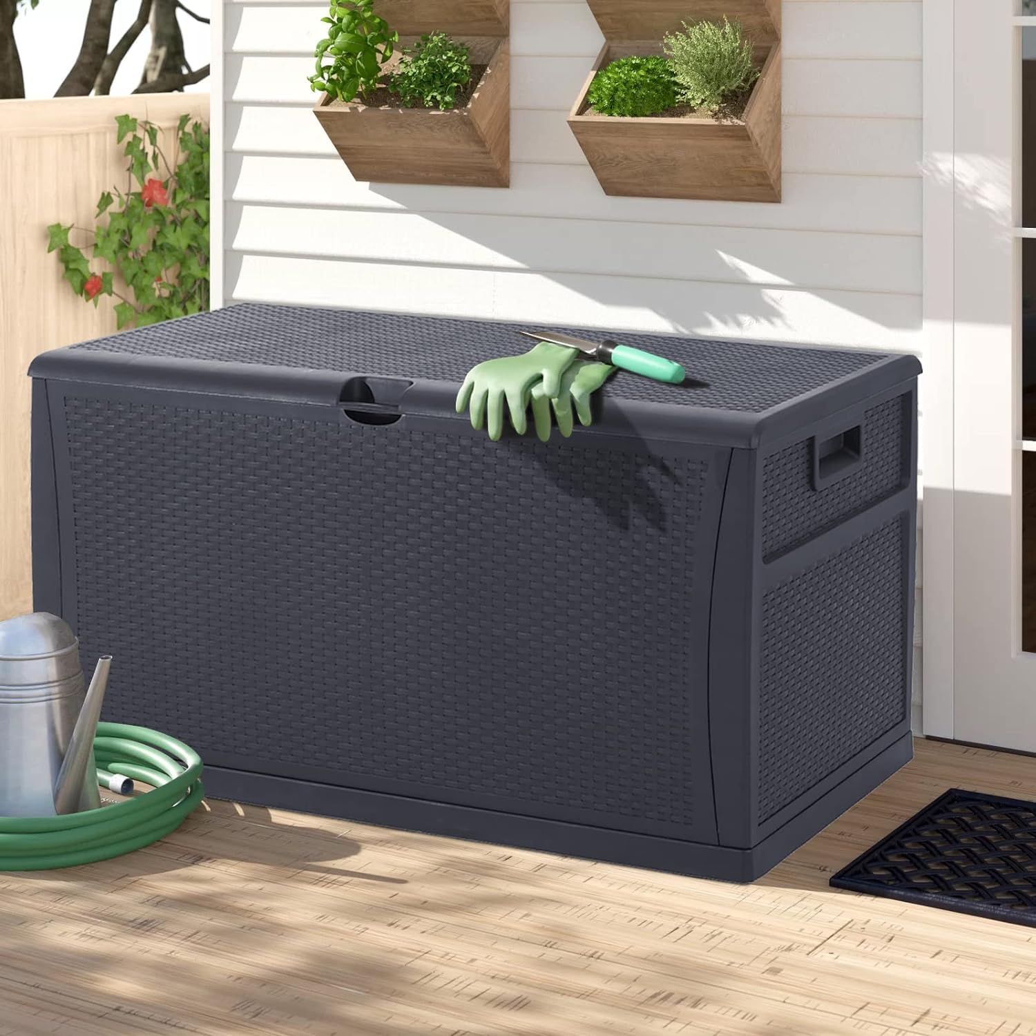 120 Gallon Resin Wicker Patio Storage Box - Outdoor Deck Box for Cushions, Toys & Garden Tools - Weatherproof Grey Storage Container for Backyard, Poolside & Patio