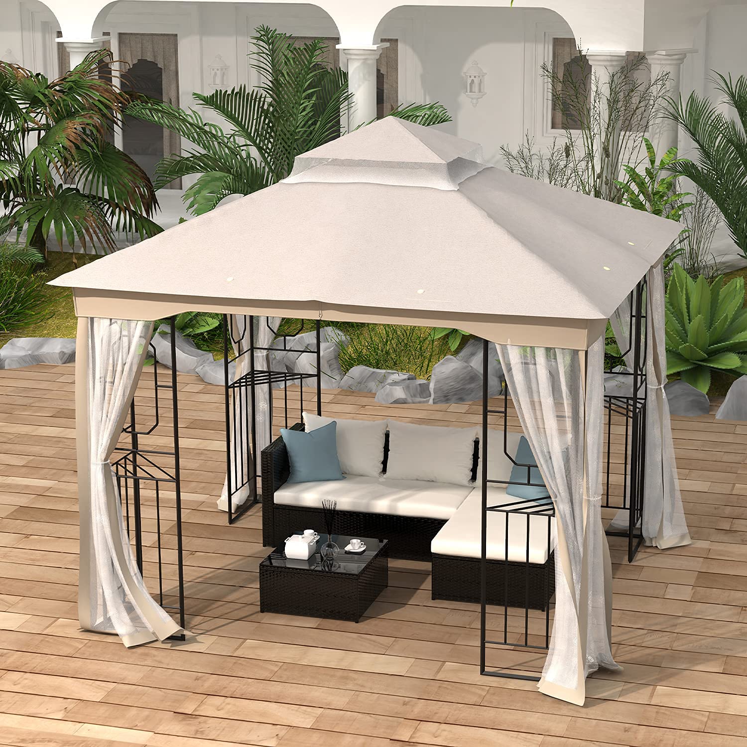 10' x 10' Khaki Polyester Gazebo Canopy with Double Roof & Netting - Outdoor Patio, Backyard Shade Shelter for Garden Parties & BBQs