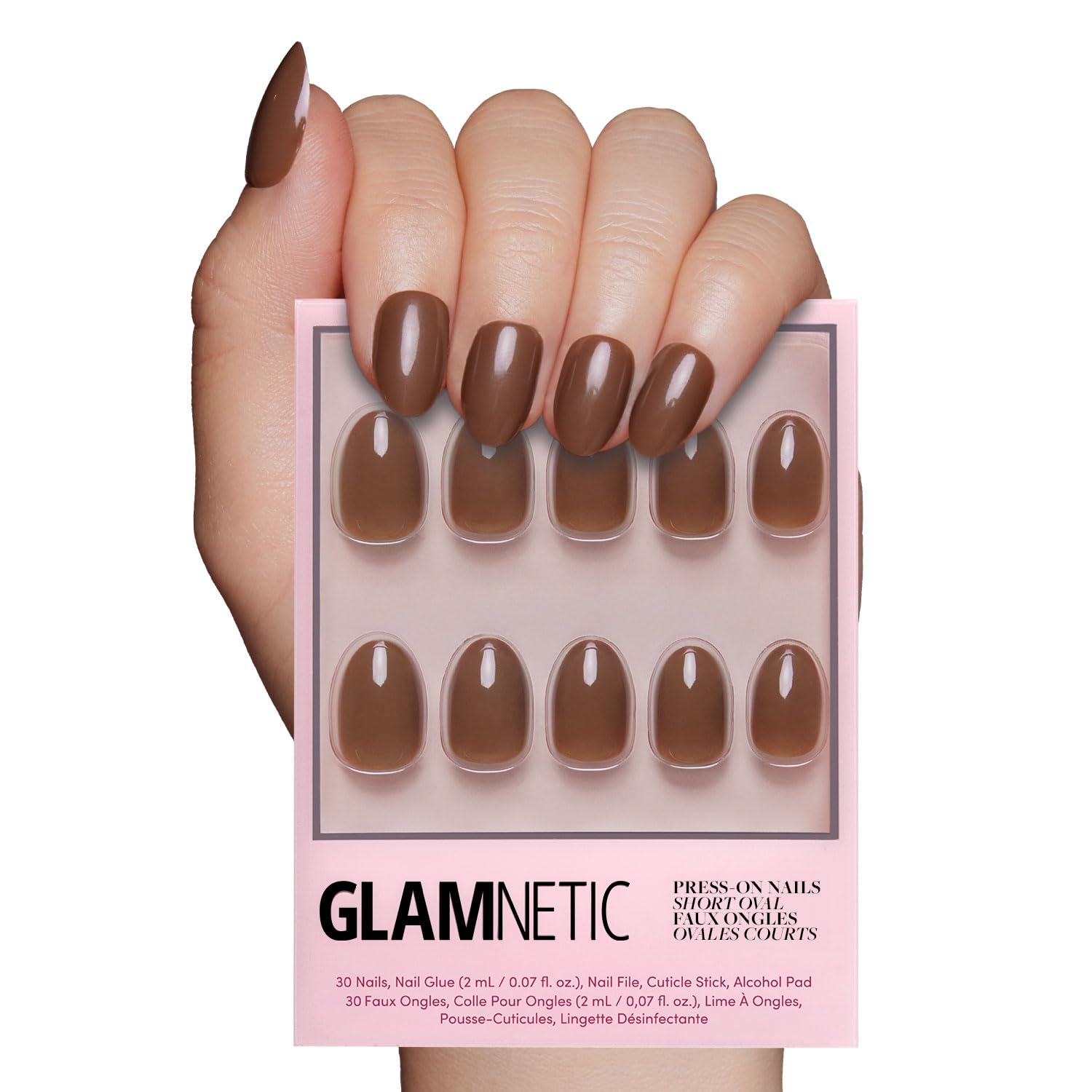 Glamnetic Press On Nails - Chocolate Brown Short Oval Fake Nails | Reusable Stick On Nails with Glue | Salon Quality False Nails Kit (15 Sizes, 30 Nails) | Perfect for Parties, Weddings & Everyday Wear