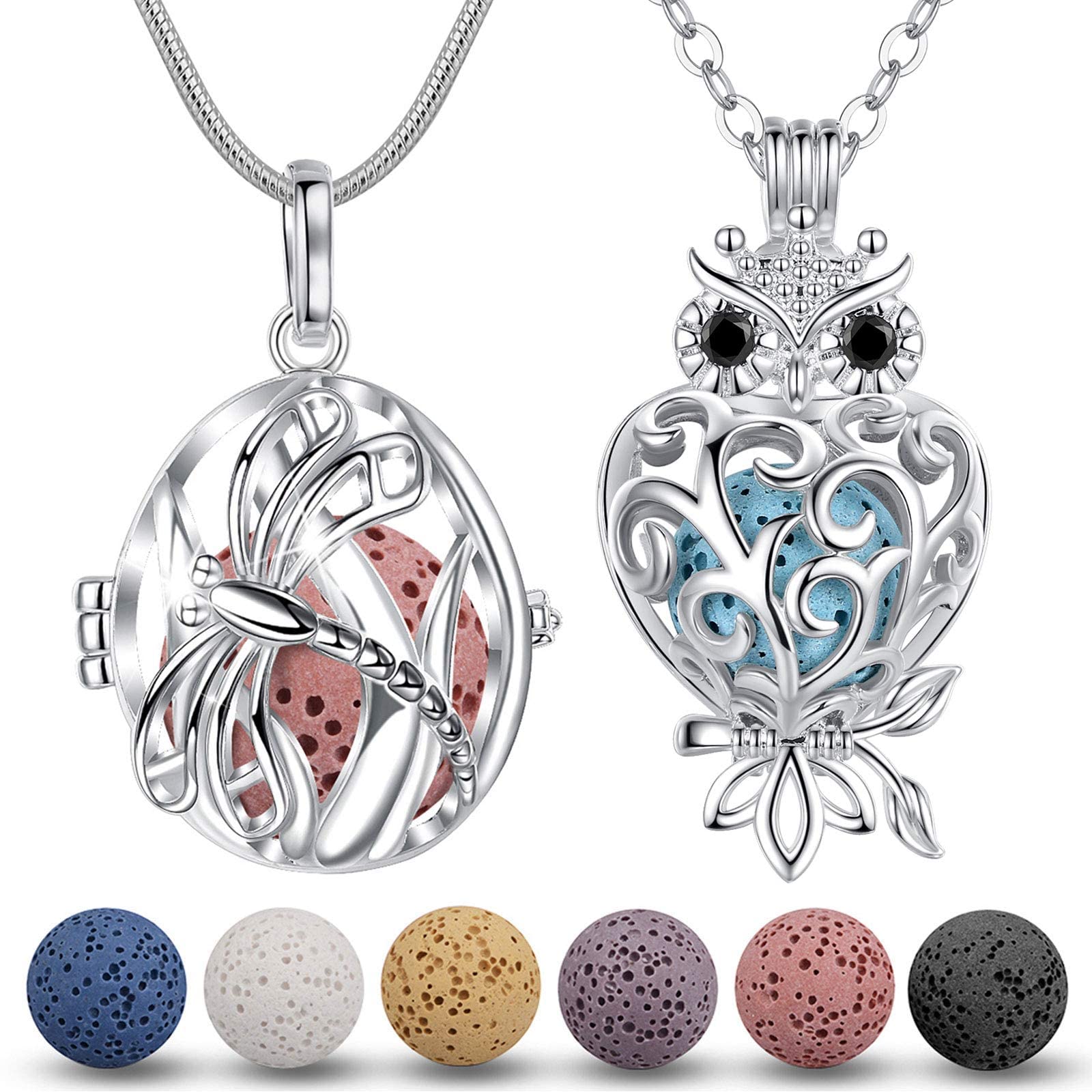 2 Pack Essential Oil Diffuser Necklaces for Women - Lava Stone Aromatherapy Jewelry with Wise Owl & Dragonfly Pendants, 24