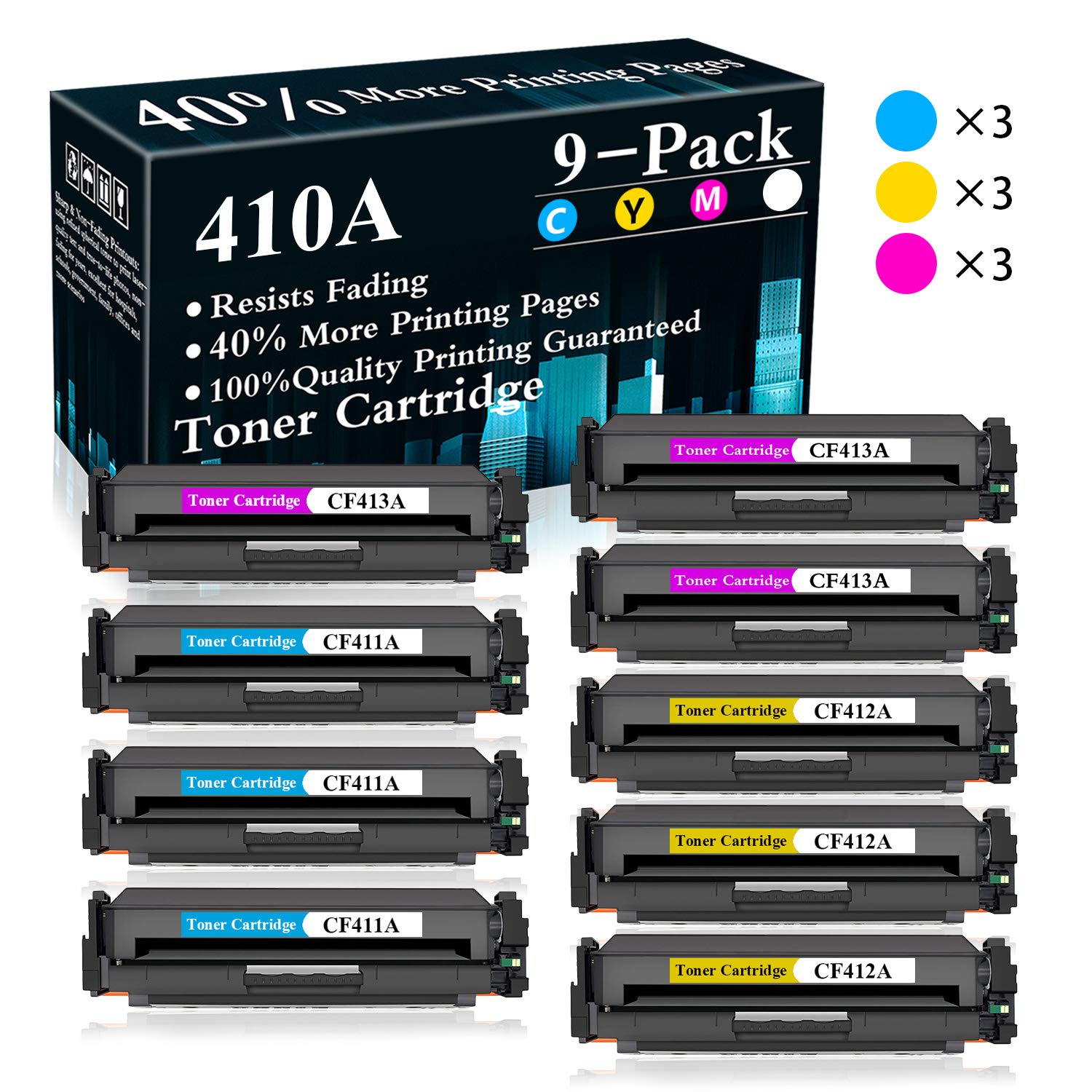 9-Pack (3C+3Y+3M) 410A | CF411A CF412A CF413A Toner Cartridge Replacement for HP Color Laserjet Pro M7FP M477fdn M477fdw M477fnw M452dn M452dw M452nw MFP M377dw Printer - High Yield, Reliable Printing for Office & Home Use - Sold by TopInk