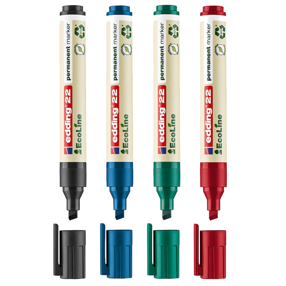 edding EcoLine 22 Permanent Marker Set of 4 - Non-Toxic, Waterproof Fine Point Markers for Office, School & Art Projects - Ideal for Labeling, Crafting & Whiteboard Writing