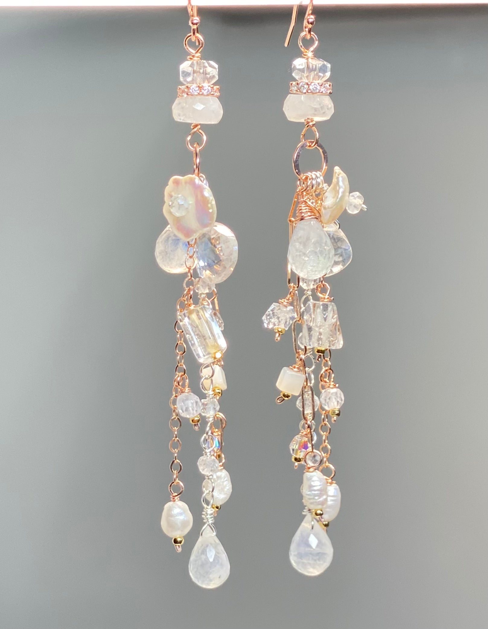 Rose Gold Long Boho Dangle Earrings with Mystic Quartz, Pearl & Moonstone – Perfect for Boho Chic, Festivals & Special Occasions