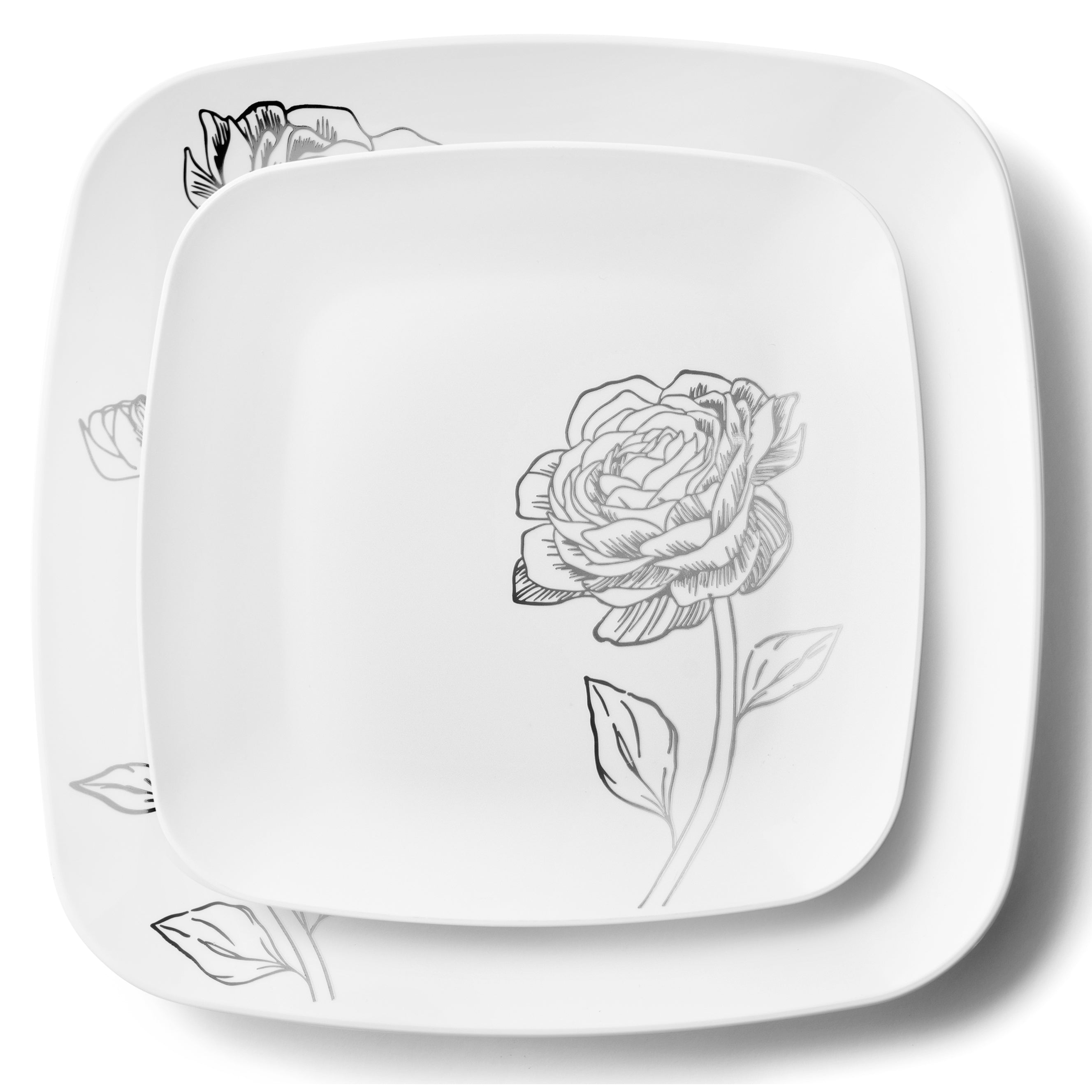 32-Piece White & Silver Square Plastic Dinnerware Set - 16 Place Settings - Shatterproof & Elegant for Parties, Picnics, and Outdoor Dining - Perfect for Weddings, BBQs, and Special Events