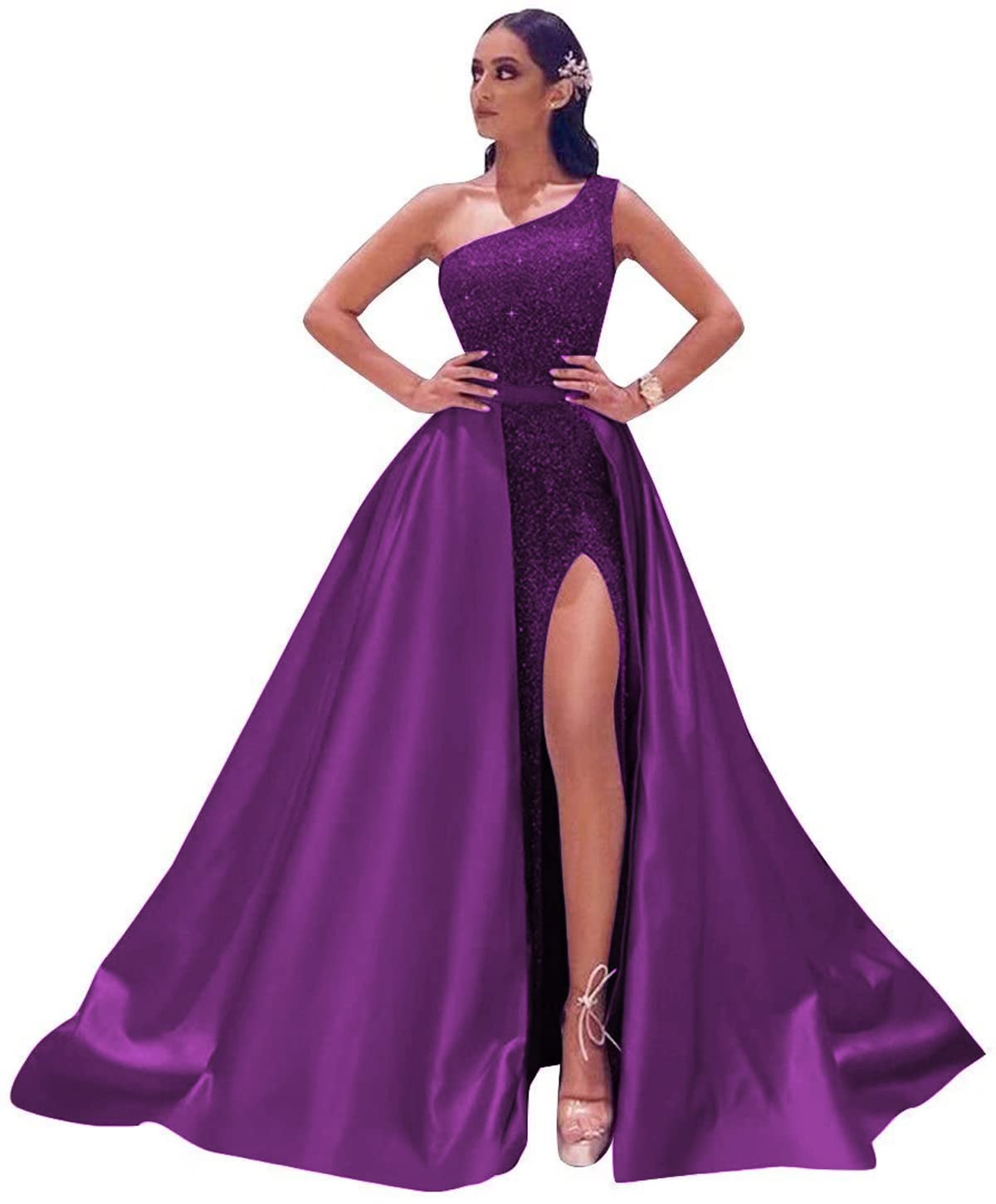 Dymaisei Women's One Shoulder Prom Dress 2022 - Sparkly Sequins Evening Gown with High Slit for Formal Events, Homecoming, Pageants & Special Occasions