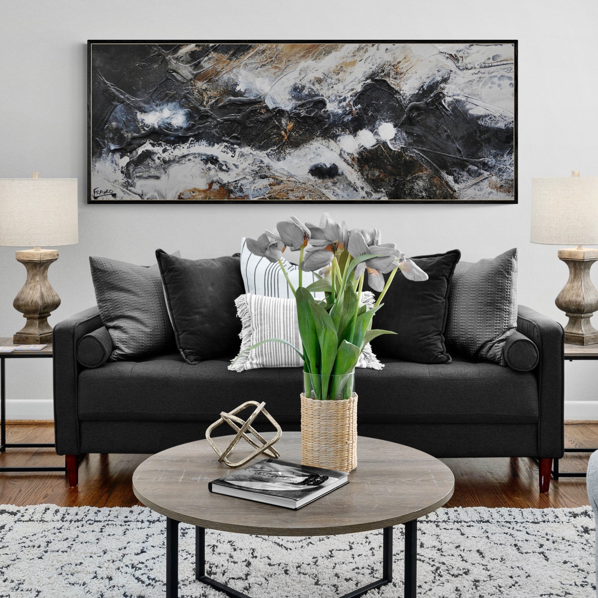 160cm x 60cm Black Rust Textured Abstract Canvas Wall Art - Modern Industrial Home Decor for Living Room, Bedroom & Office