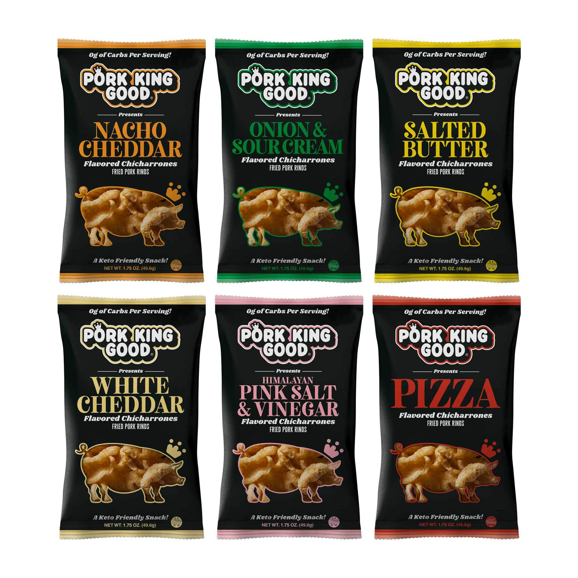 Pork King Good Pork Rinds Variety 6 Pack - Keto Friendly, Low Carb, Gluten Free Chicharrones Snacks - Perfect for Ketogenic Diet, Weight Loss & Healthy Lifestyle