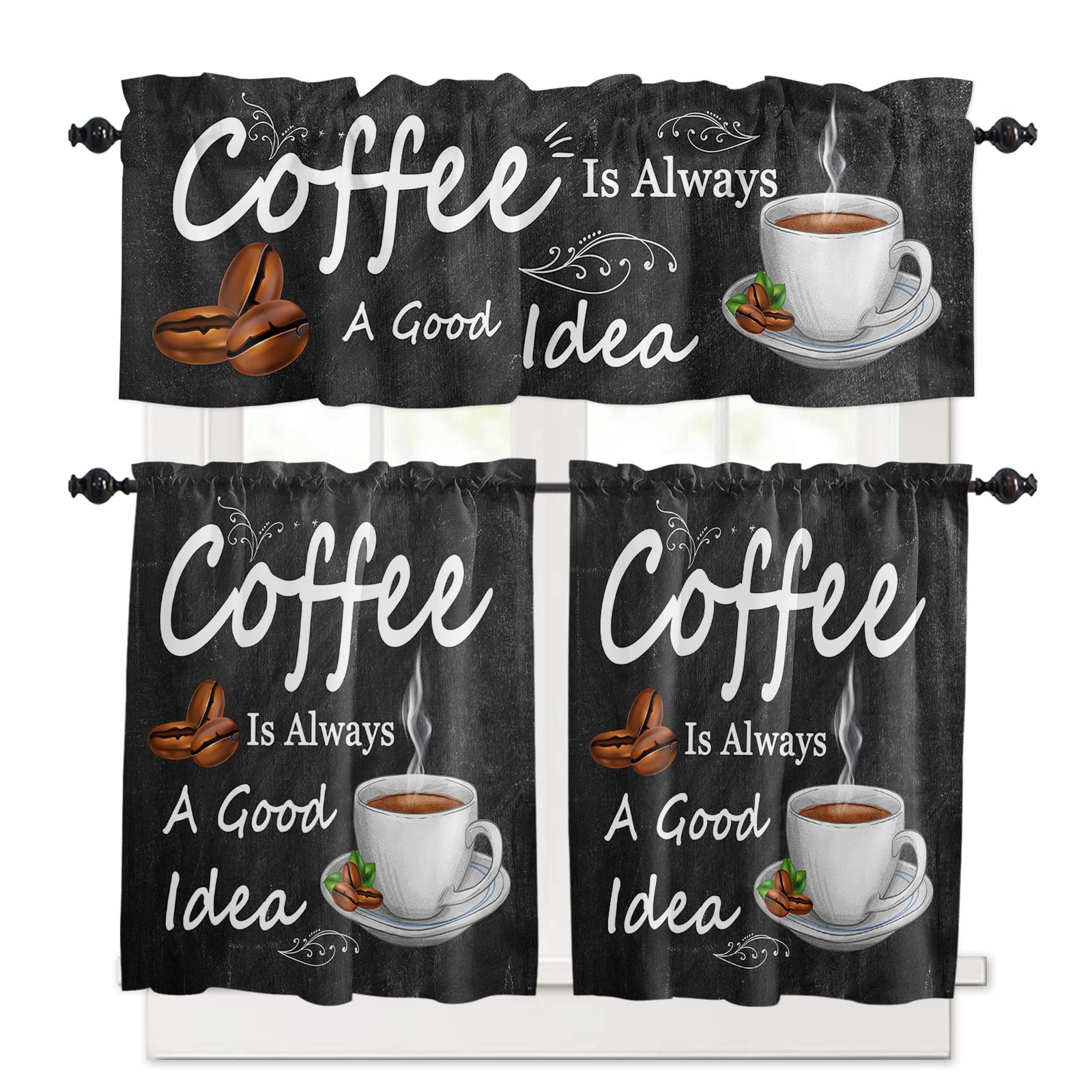 3-Piece Coffee Theme Kitchen Curtains Set with Valances, Farmhouse Style Rod Pocket Soft Washable Window Curtains for Cozy Kitchen Decor